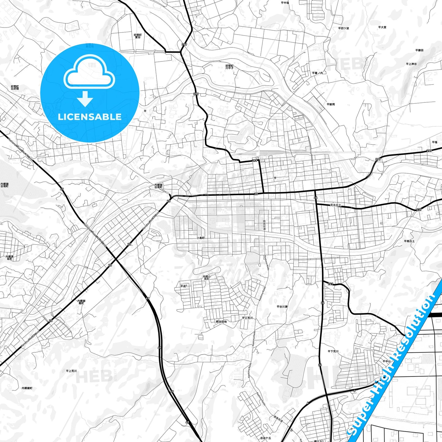Iwaki, Japan Light Map with Street Names, City Names, and Districts