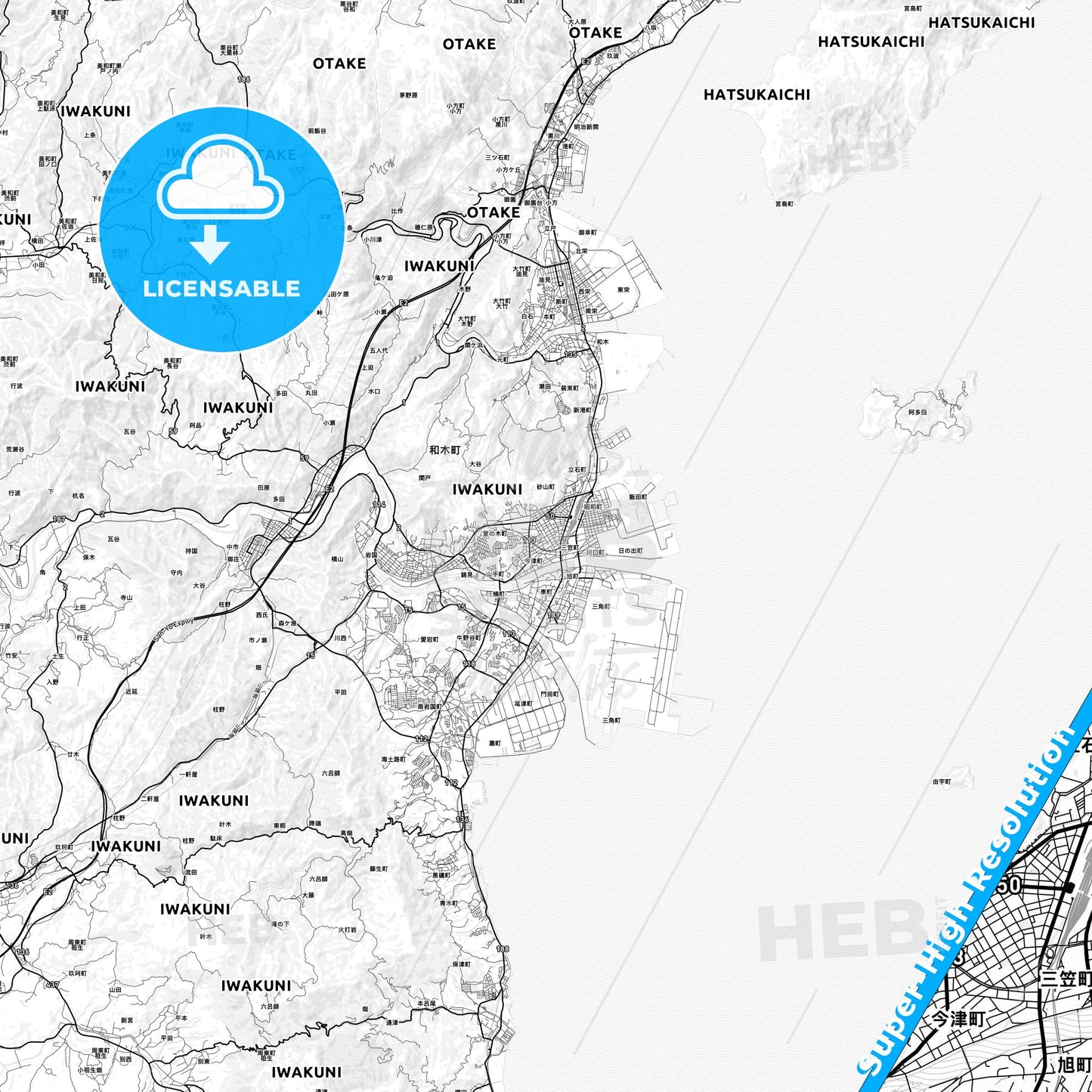 Iwakuni, Japan light map with streetnames, citynames and districts