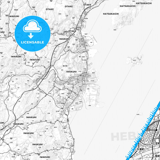 Iwakuni, Japan light map with streetnames, citynames and districts
