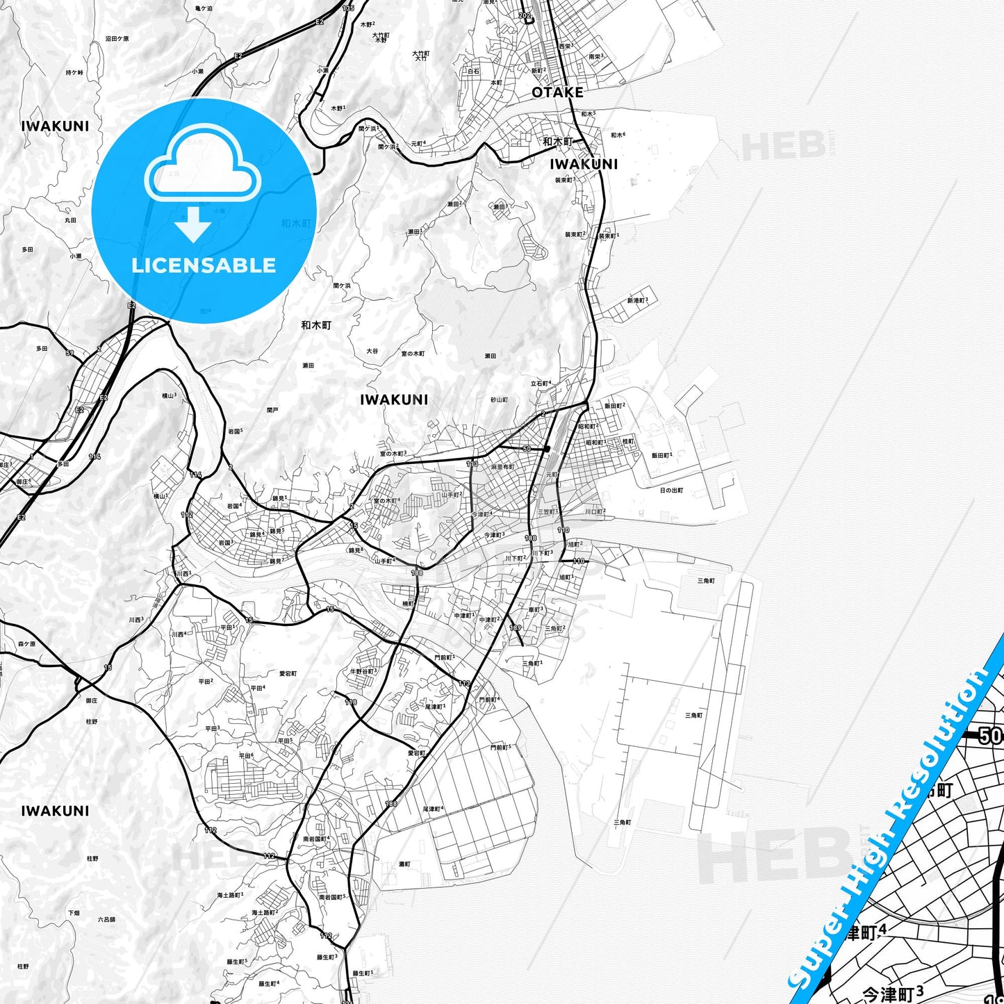 Iwakuni, Japan Light Map with Street Names, City Names, and Districts