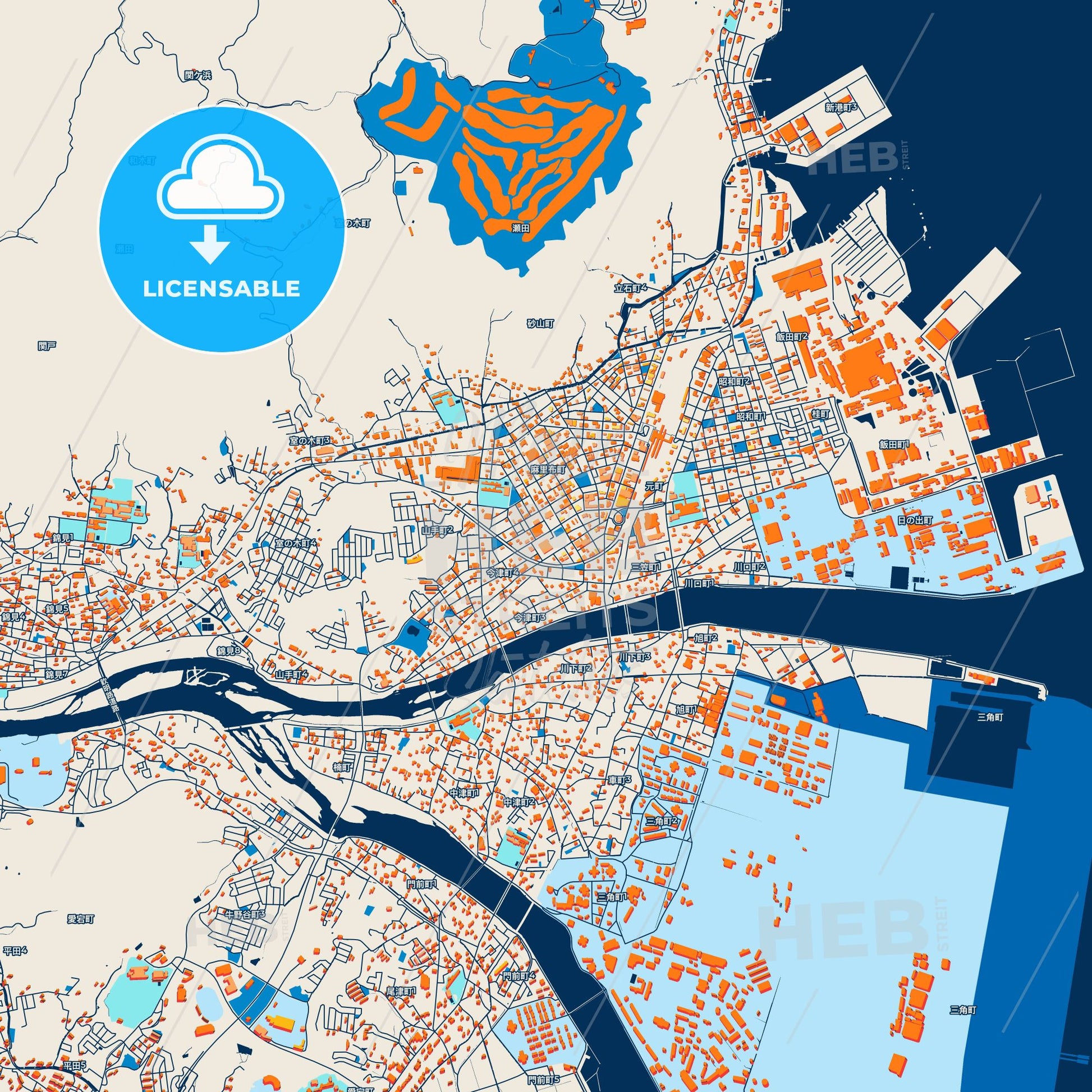 Colorful Iwakuni Street Map with Labels and Buildings