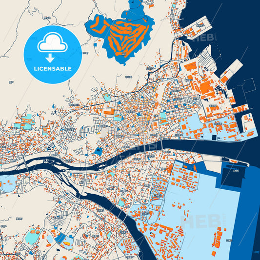 Colorful Iwakuni Street Map with Labels and Buildings