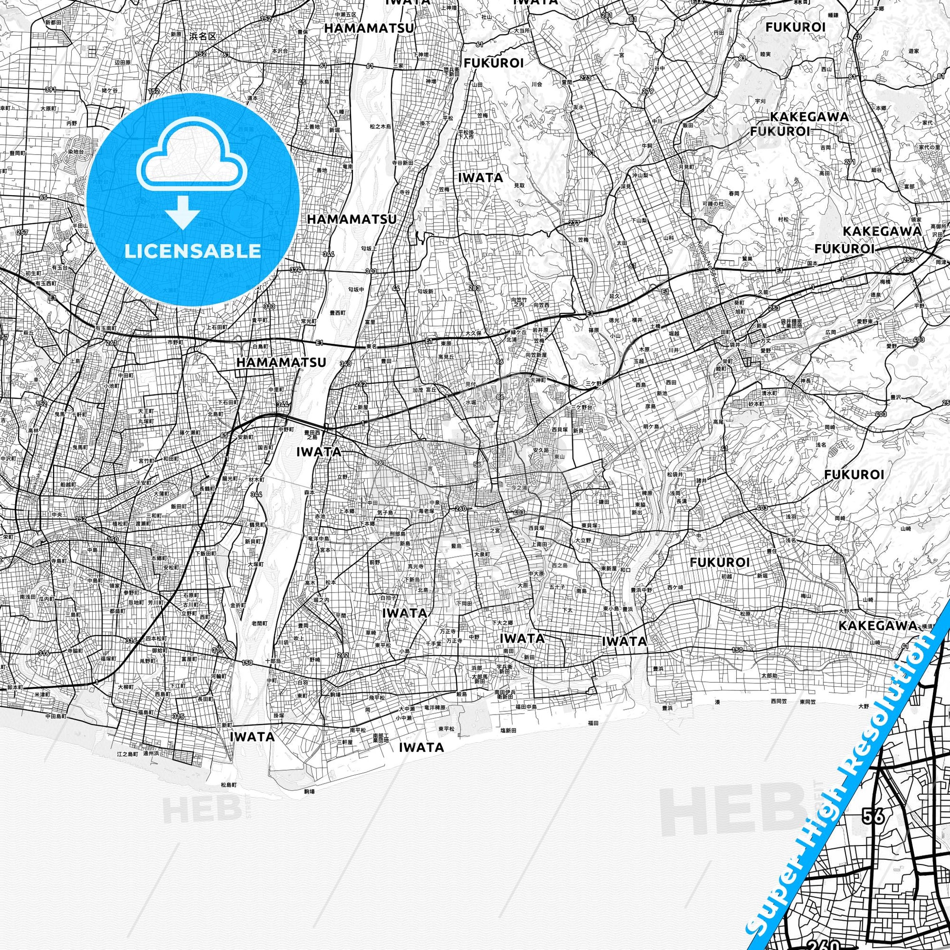 Iwata, Japan light map with streetnames, citynames and districts
