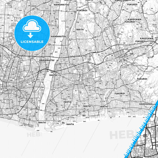 Iwata, Japan light map with streetnames, citynames and districts
