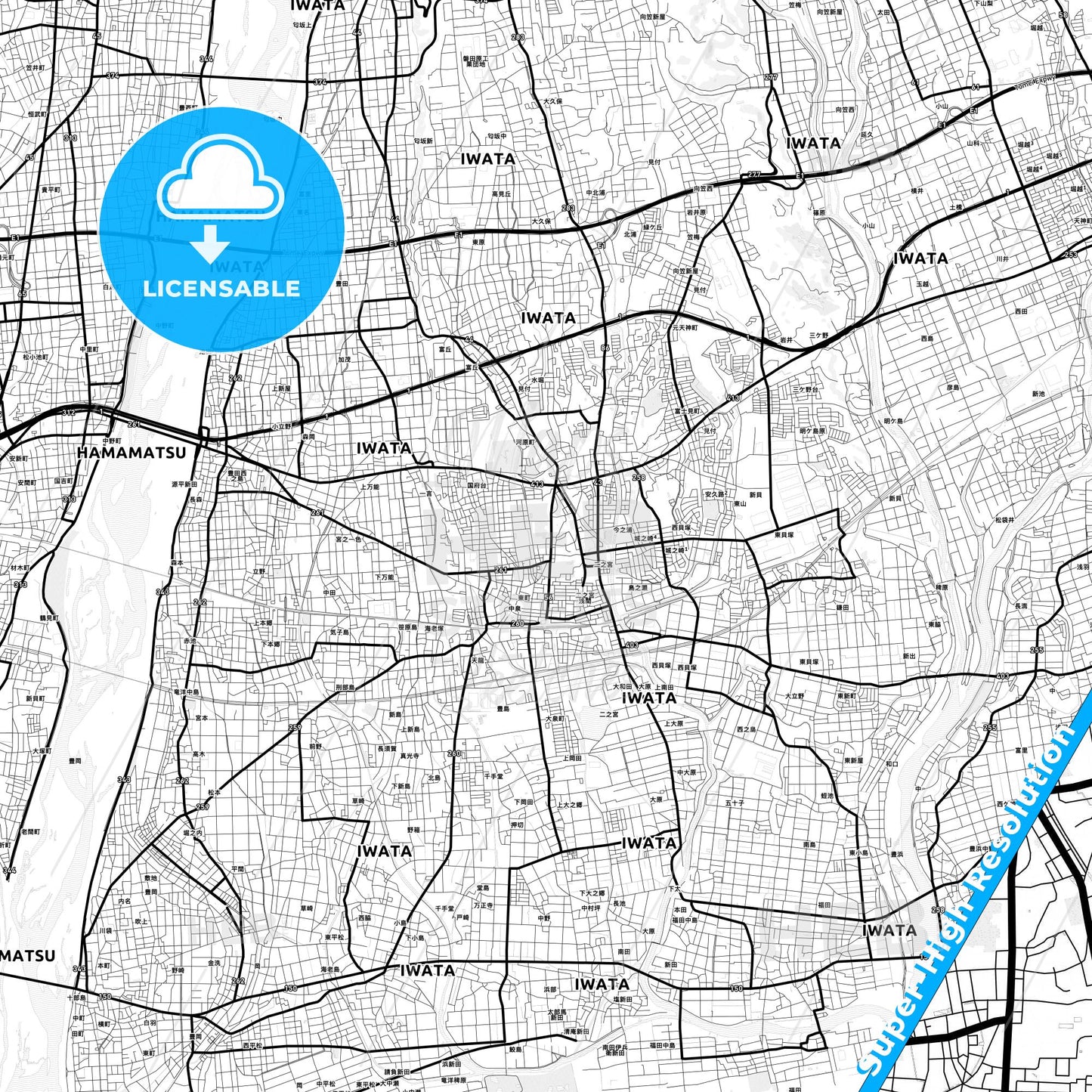Iwata, Japan Light Map with Street Names, City Names, and Districts