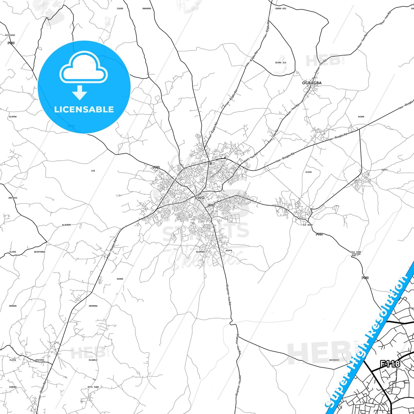 Iwo, Nigeria light map with streetnames, citynames and districts