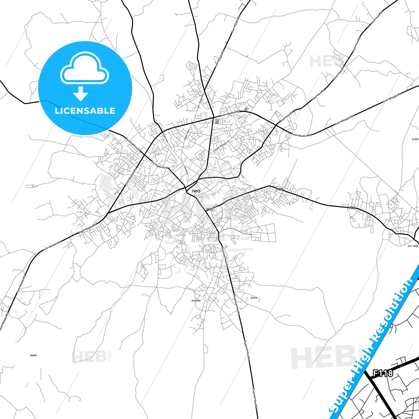Iwo, Nigeria Light Map with Street Names, City Names, and Districts