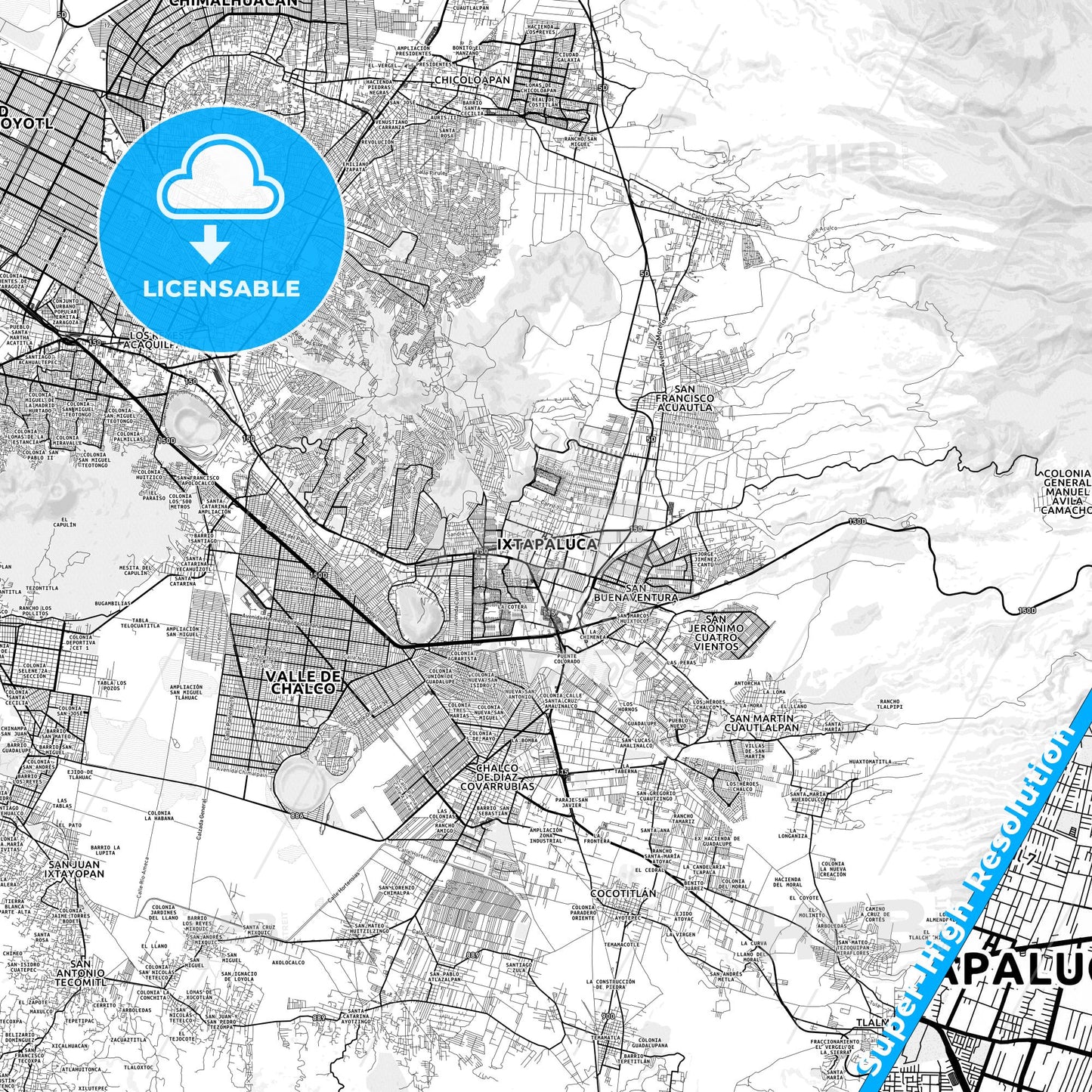 Ixtapaluca, Mexico light map with streetnames, citynames and districts
