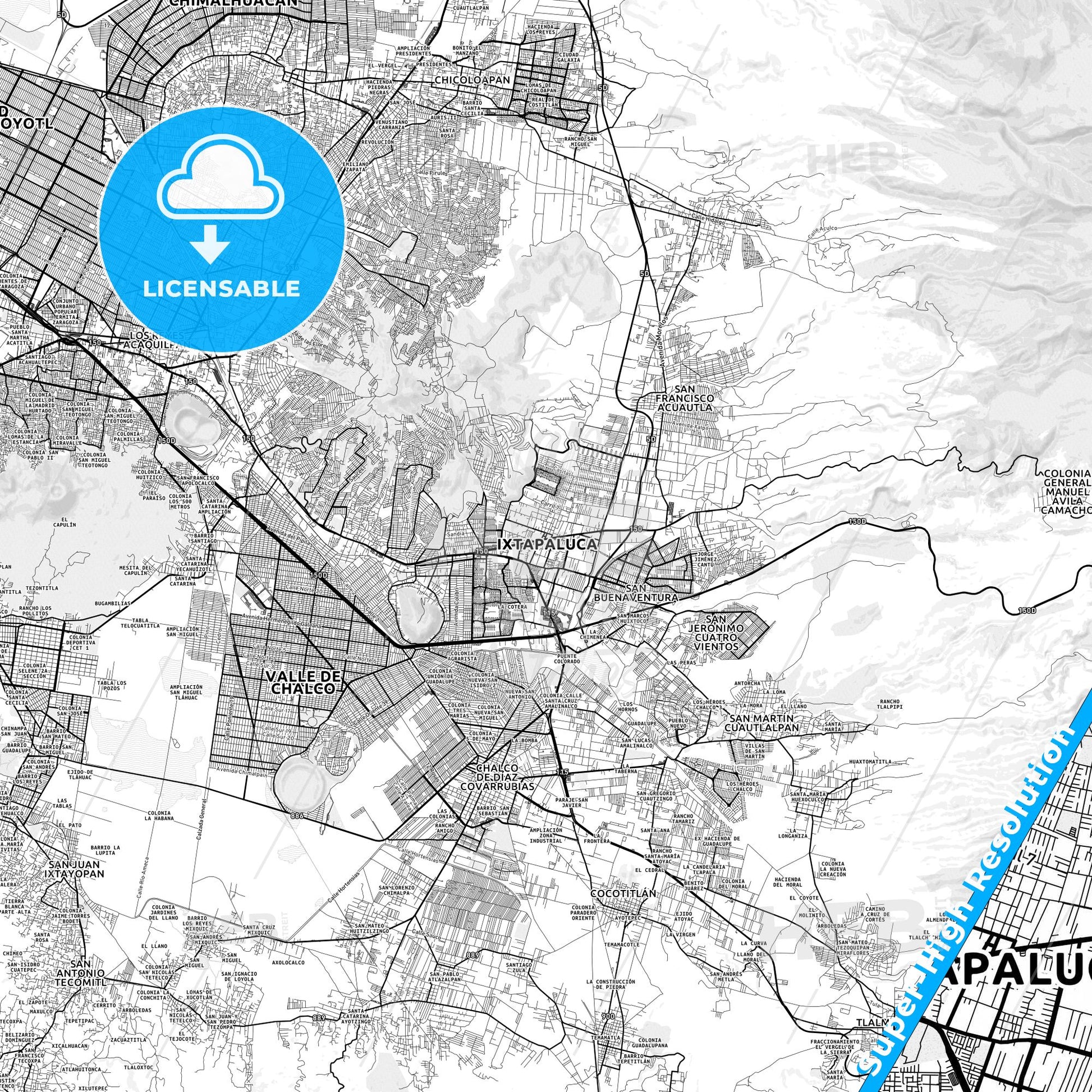 Ixtapaluca, Mexico light map with streetnames, citynames and districts