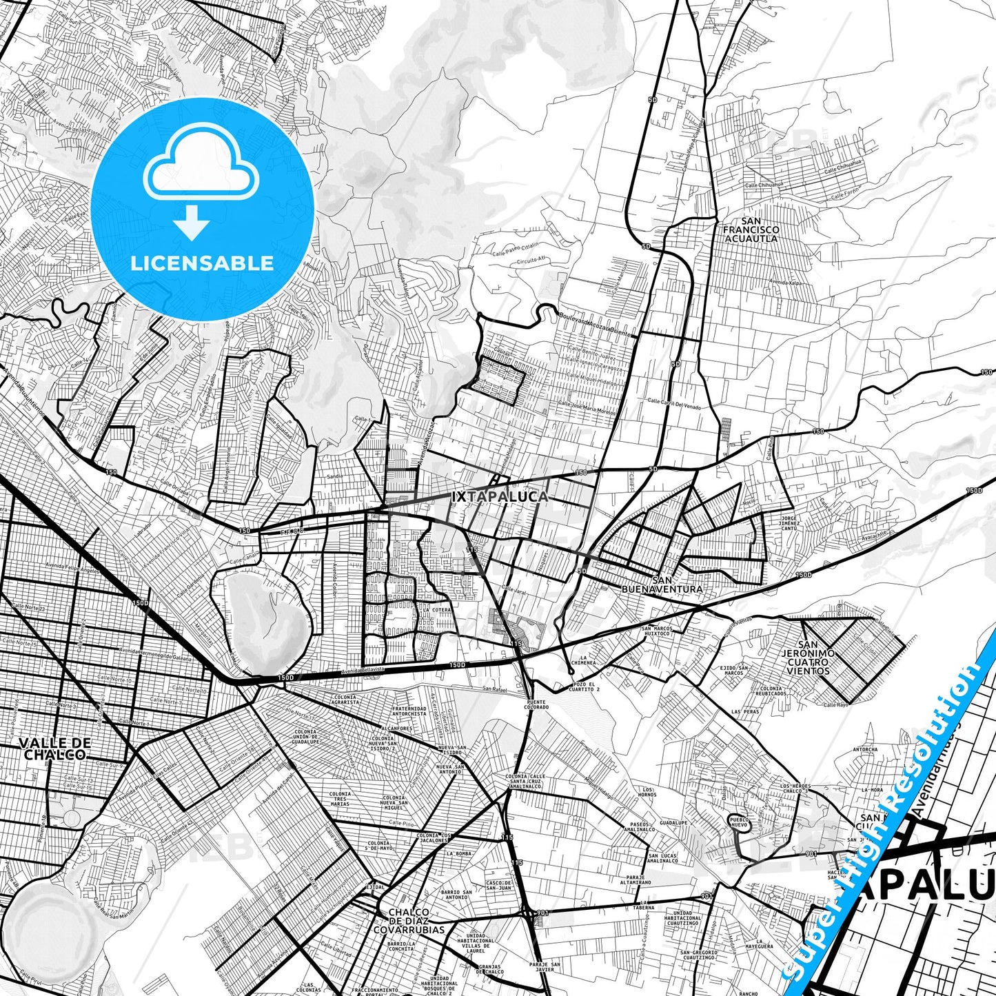 Ixtapaluca, Mexico Light Map with Street Names, City Names, and Districts