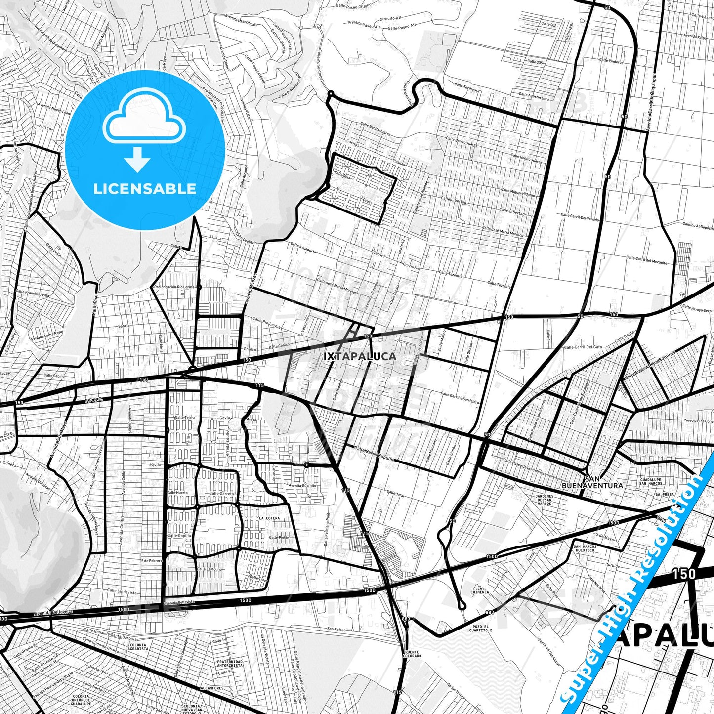 Ixtapaluca, Mexico Light Map with Street Names, City Names, and Districts