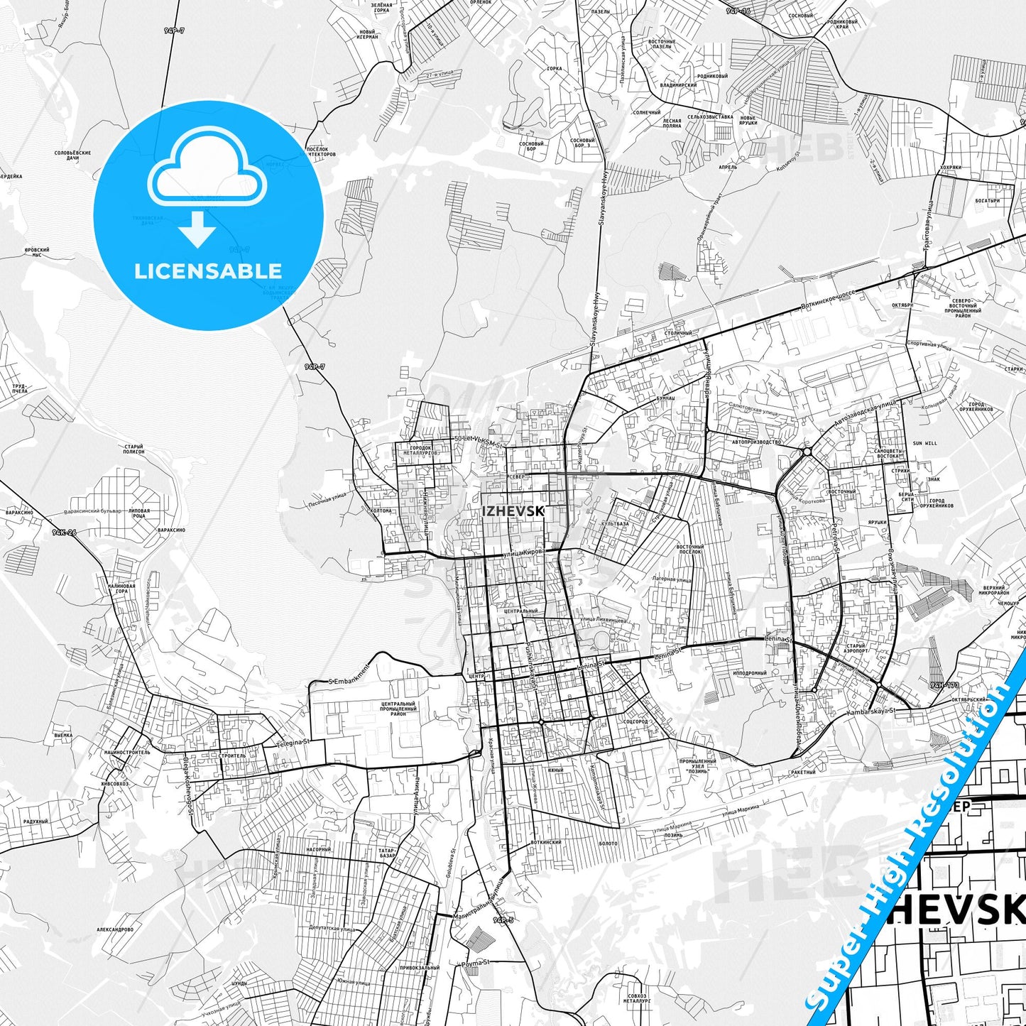 Izhevsk, Russia light map with streetnames, citynames and districts