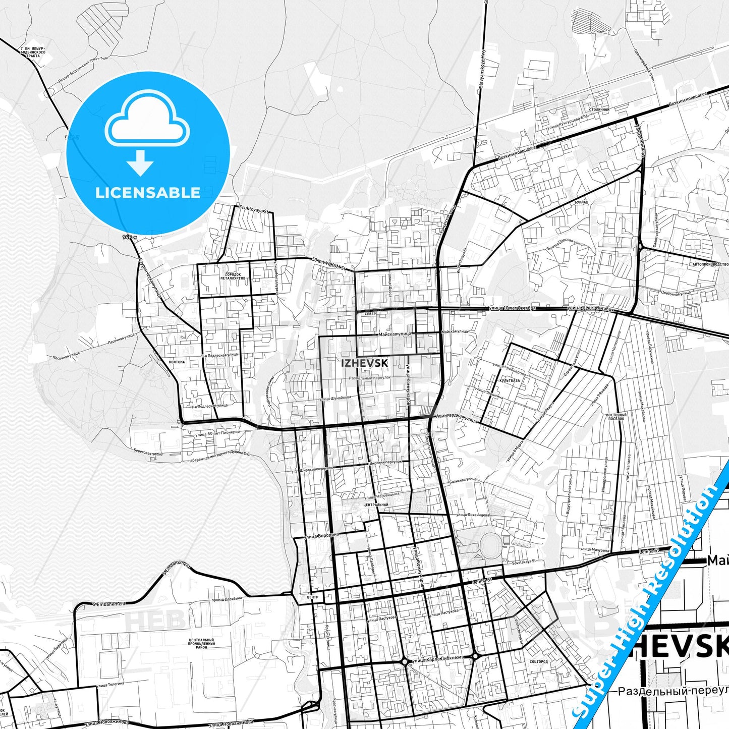 Izhevsk, Russia Light Map with Street Names, City Names, and Districts