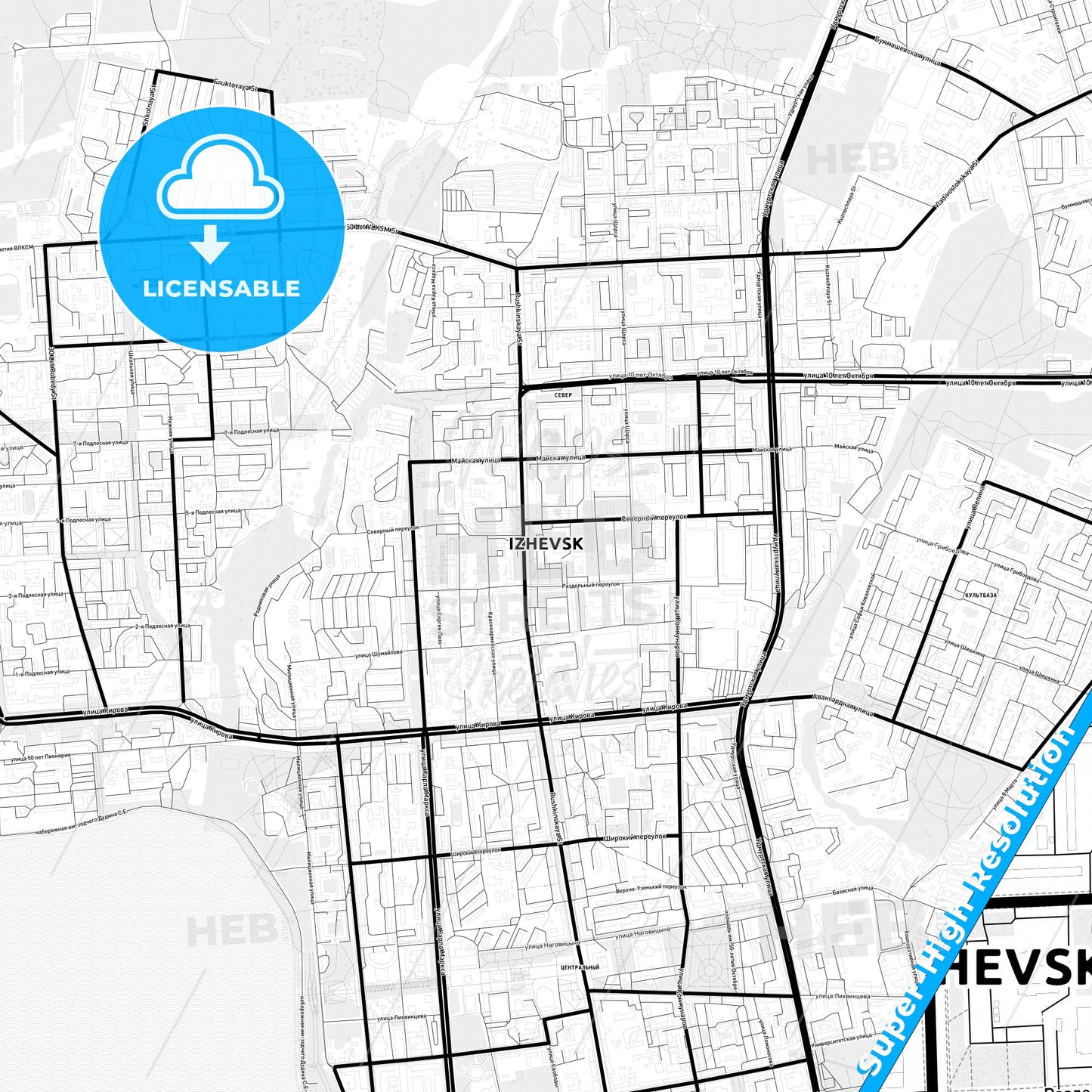 Izhevsk, Russia Light Map with Street Names, City Names, and Districts