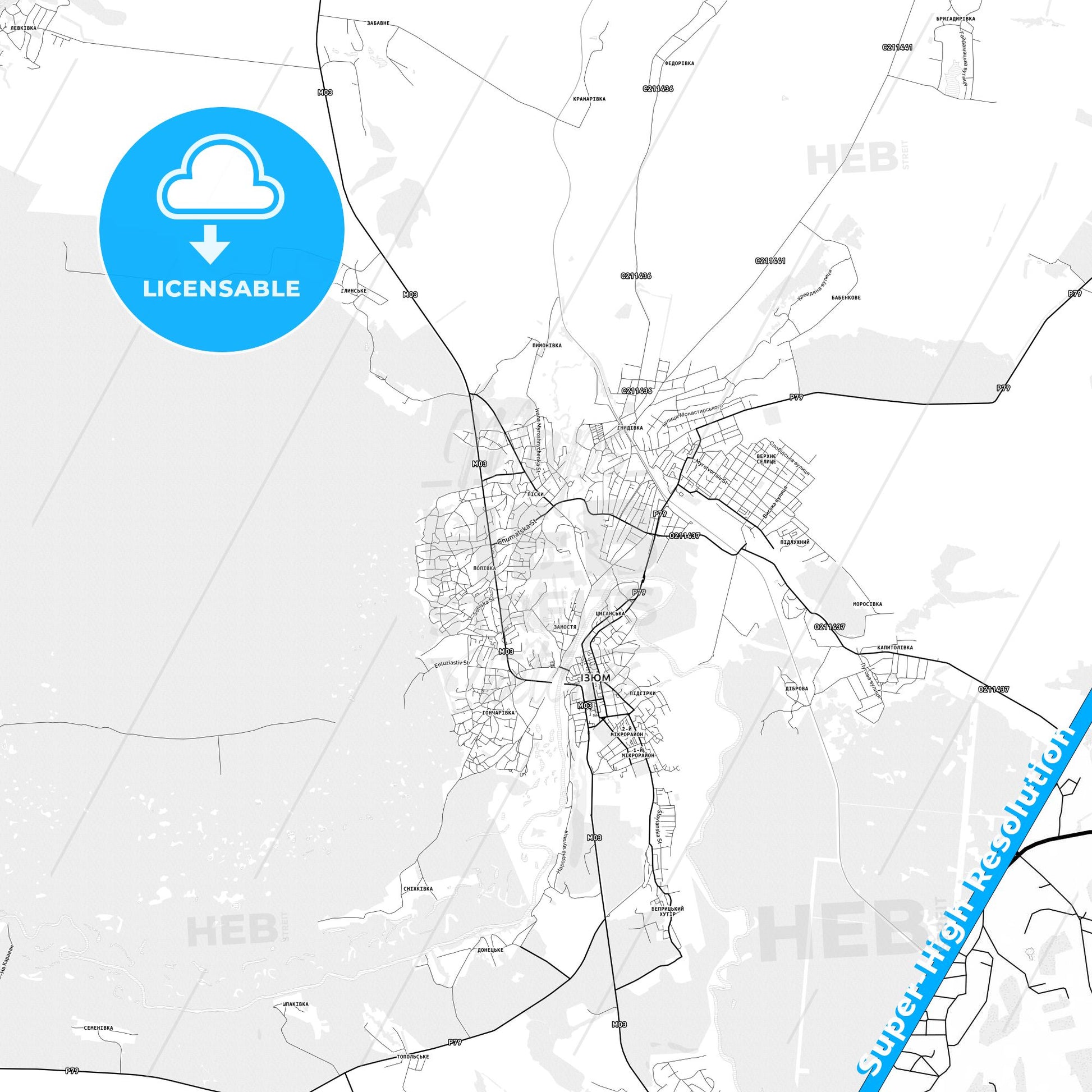 Izium, Ukraine light map with streetnames, citynames and districts