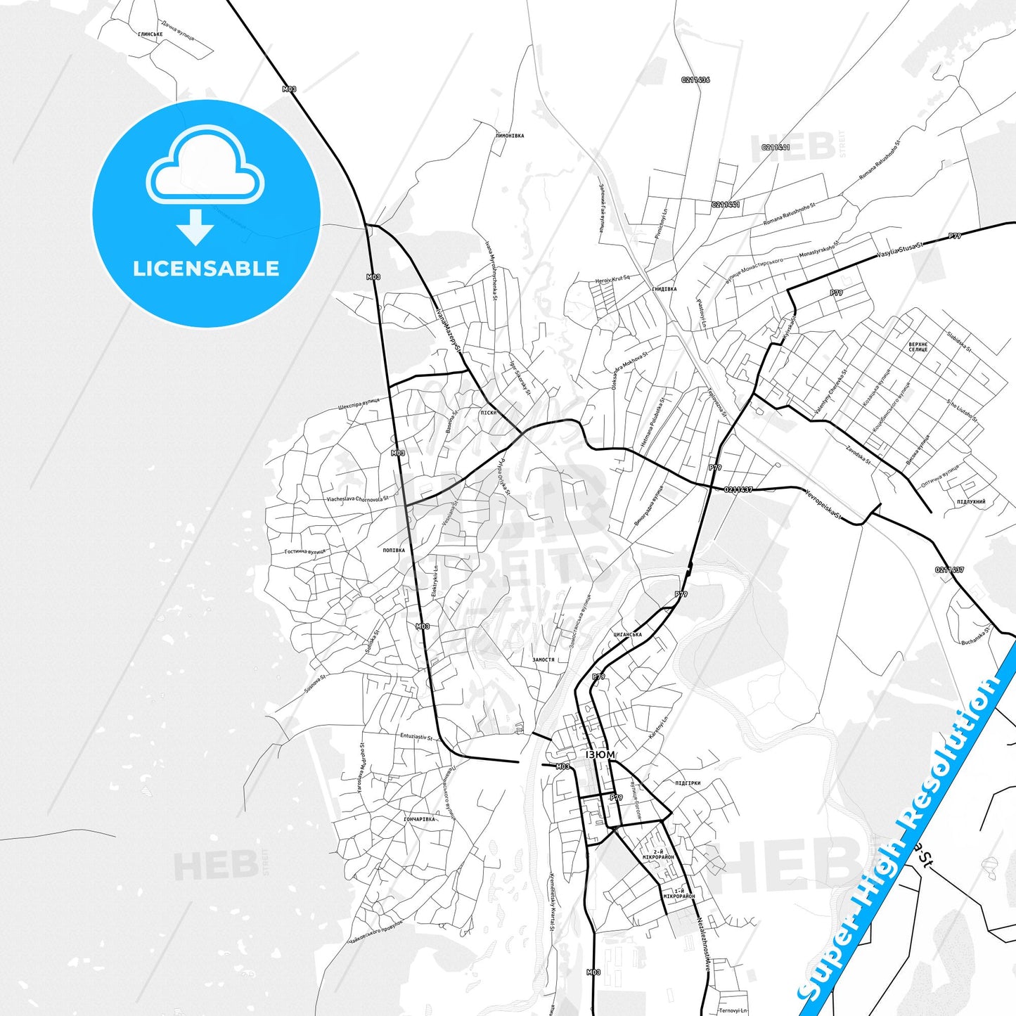 Izium, Ukraine Light Map with Street Names, City Names, and Districts