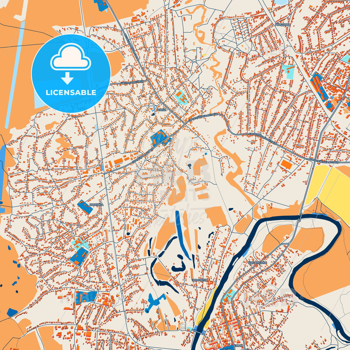 Colorful Izium Street Map with Labels and Buildings