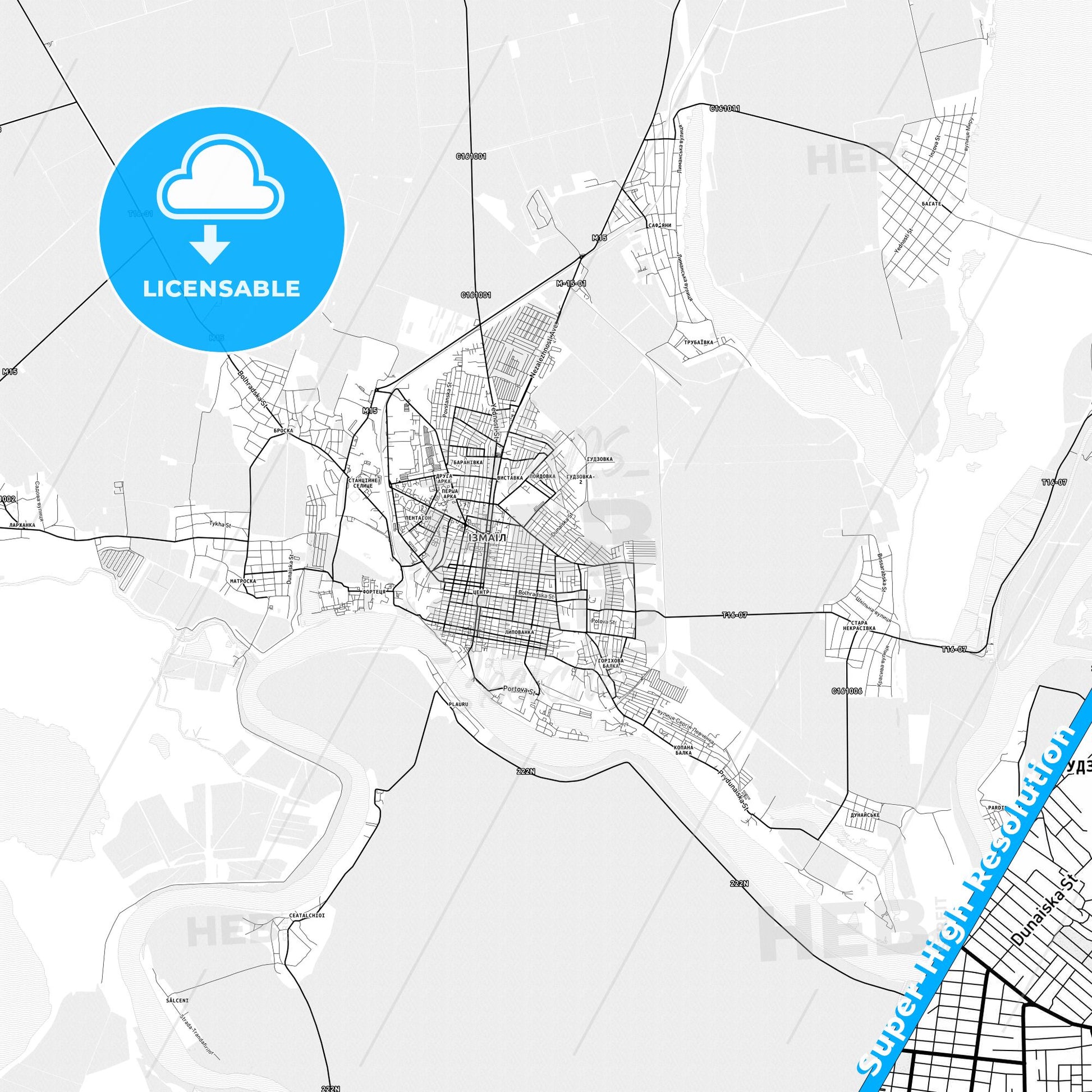 Izmail, Ukraine light map with streetnames, citynames and districts