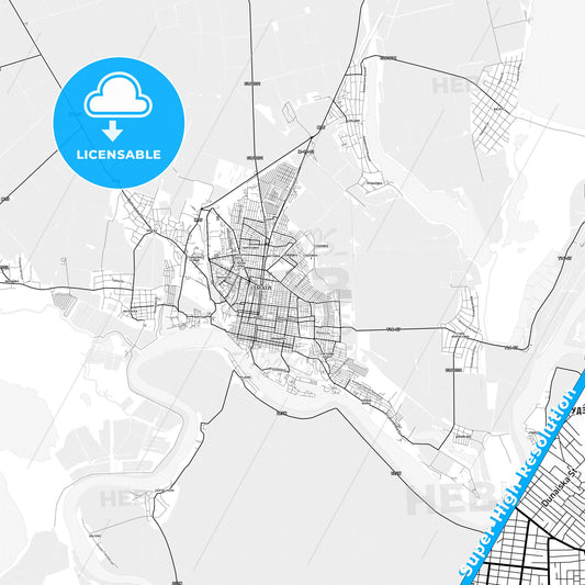 Izmail, Ukraine light map with streetnames, citynames and districts