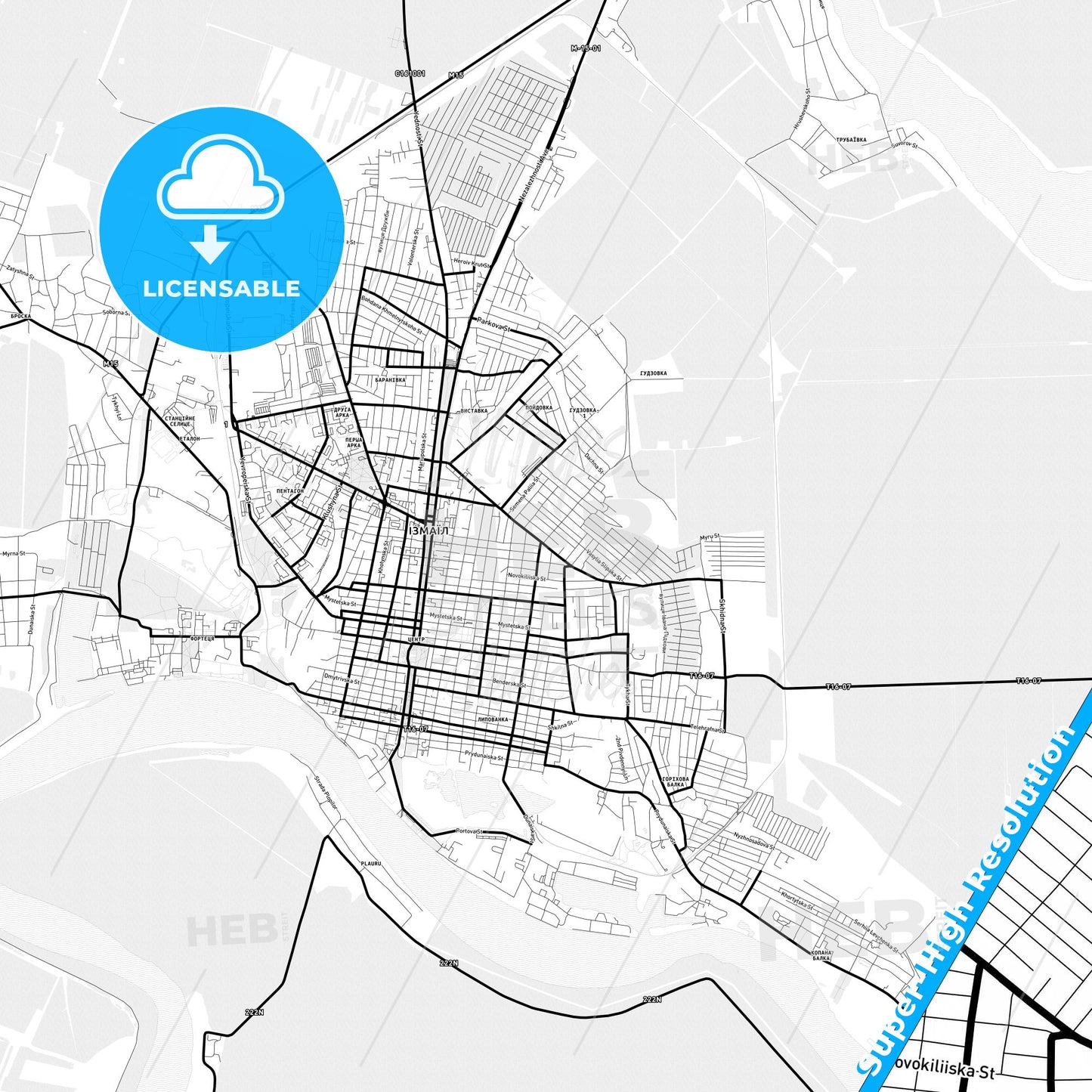 Izmail, Ukraine Light Map with Street Names, City Names, and Districts