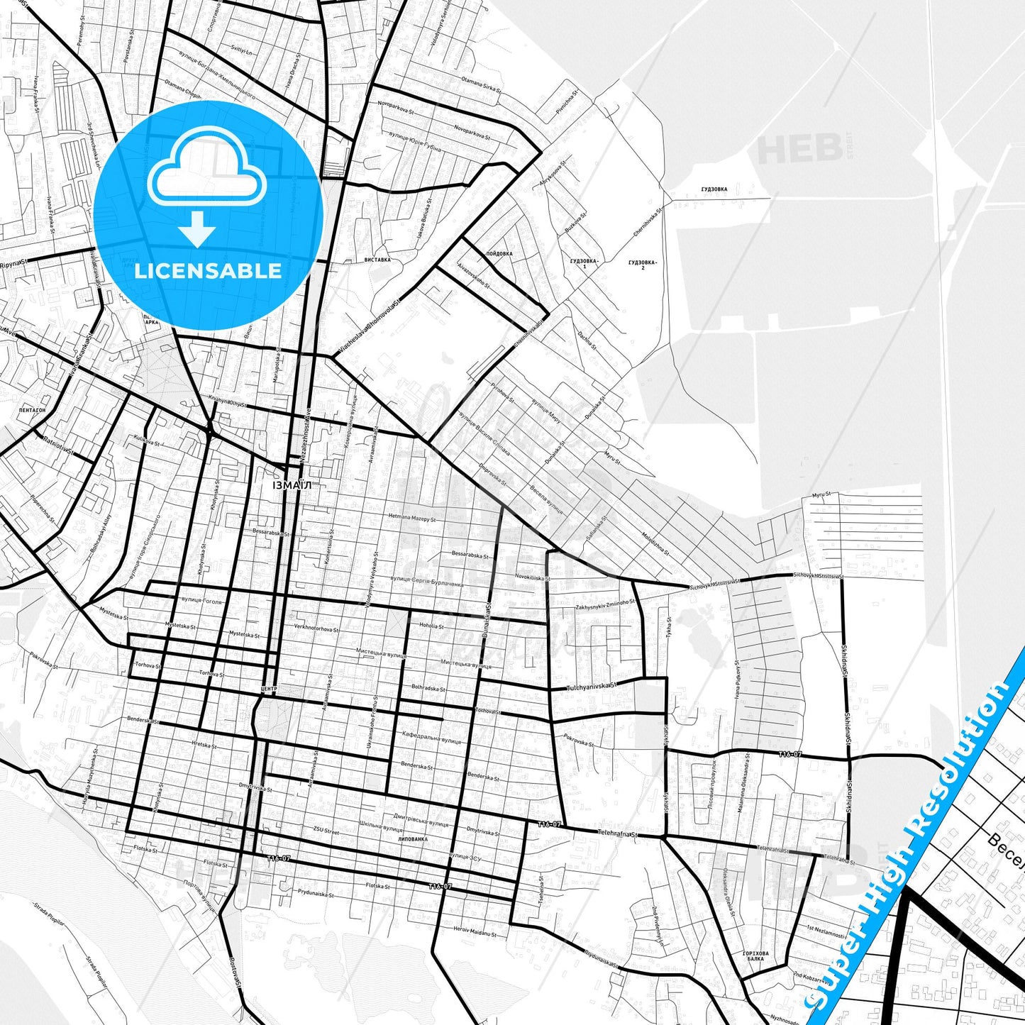 Izmail, Ukraine Light Map with Street Names, City Names, and Districts