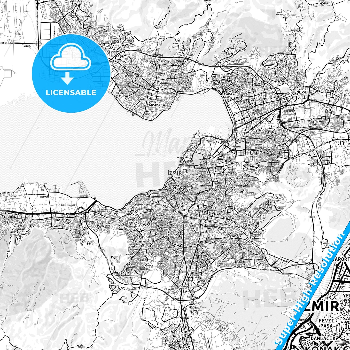 İzmir, Turkey light map with streetnames, citynames and districts