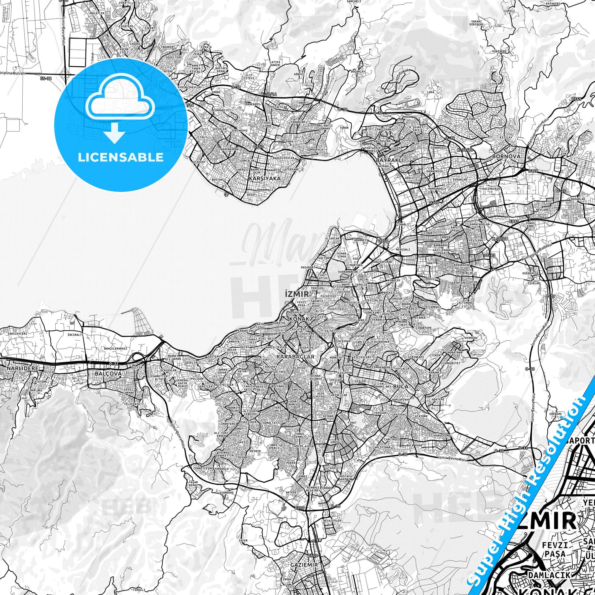 İzmir, Turkey light map with streetnames, citynames and districts