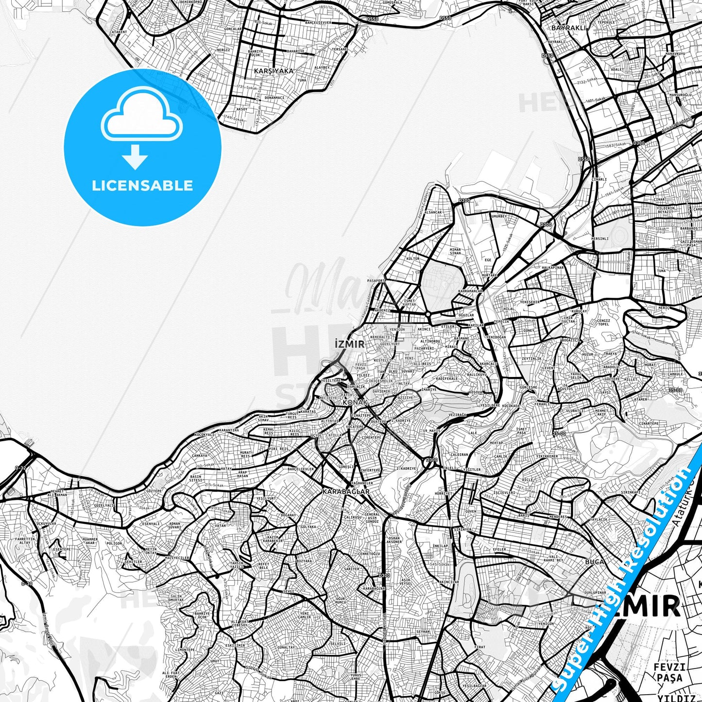 İzmir, Turkey Light Map with Street Names, City Names, and Districts