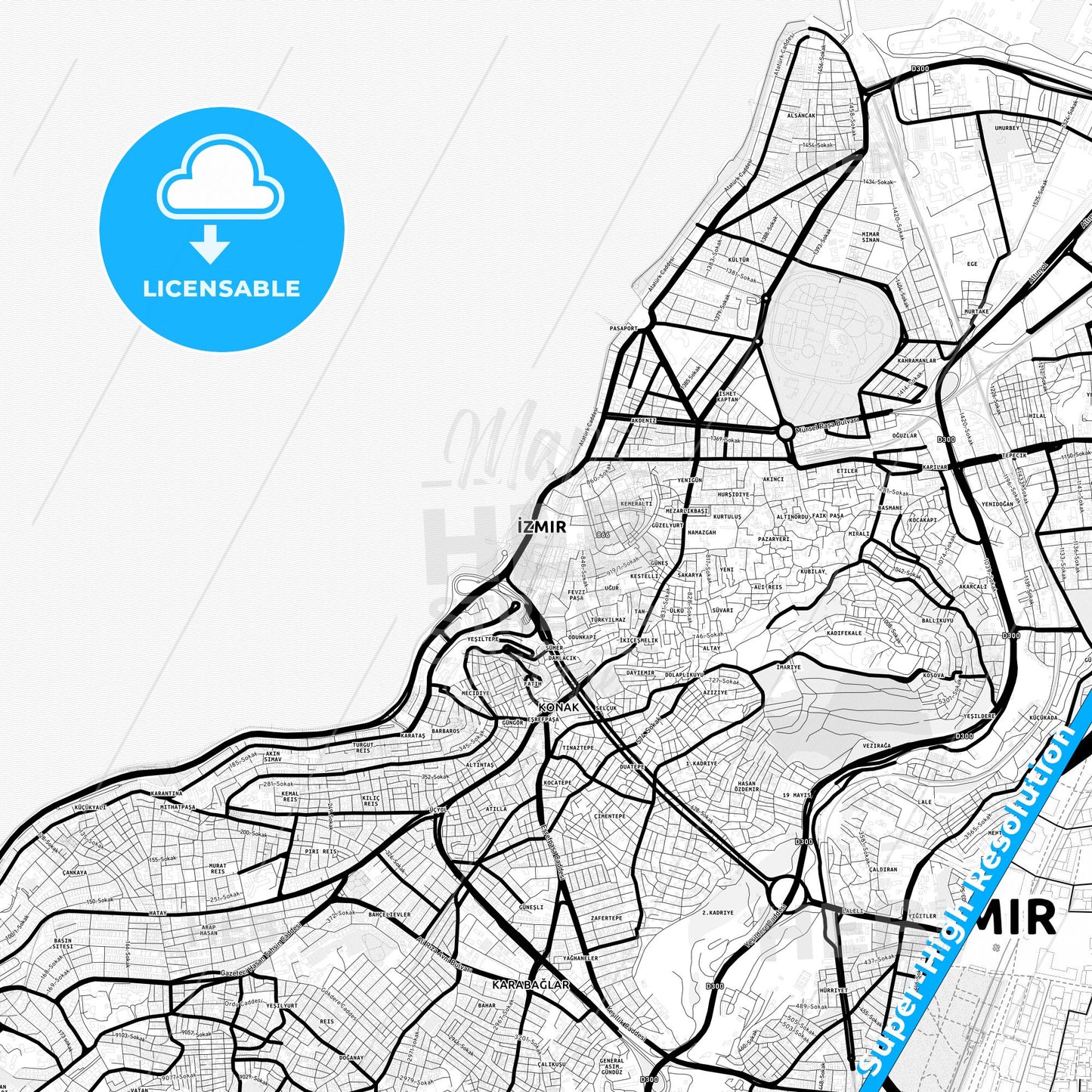 İzmir, Turkey Light Map with Street Names, City Names, and Districts