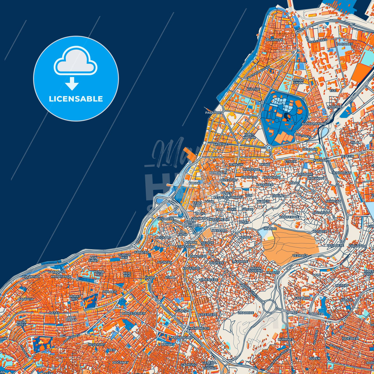 Colorful İzmir Street Map with Labels and Buildings