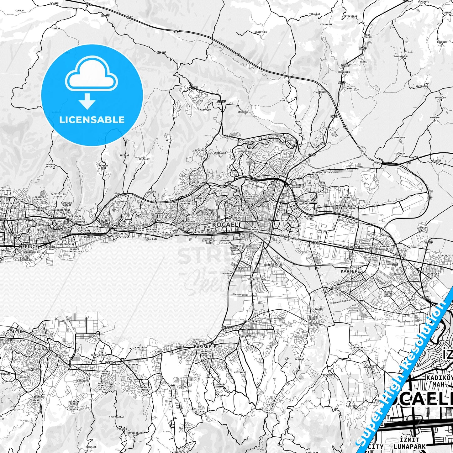 İzmit, Turkey light map with streetnames, citynames and districts