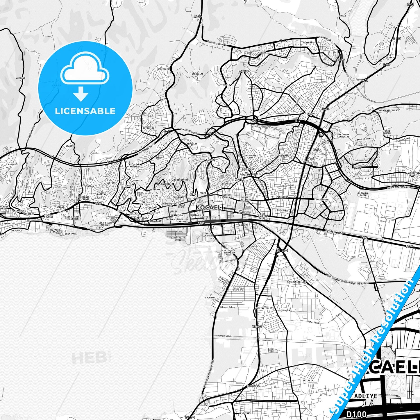 İzmit, Turkey Light Map with Street Names, City Names, and Districts