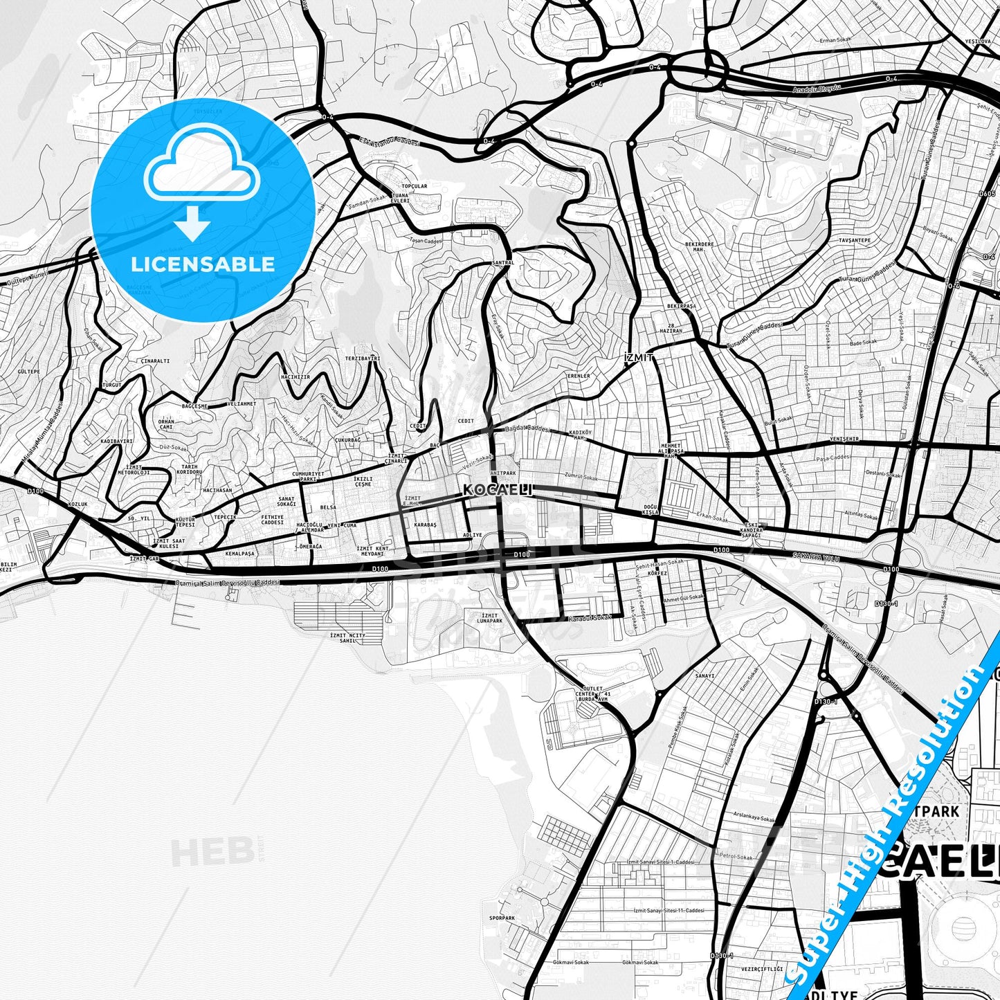İzmit, Turkey Light Map with Street Names, City Names, and Districts