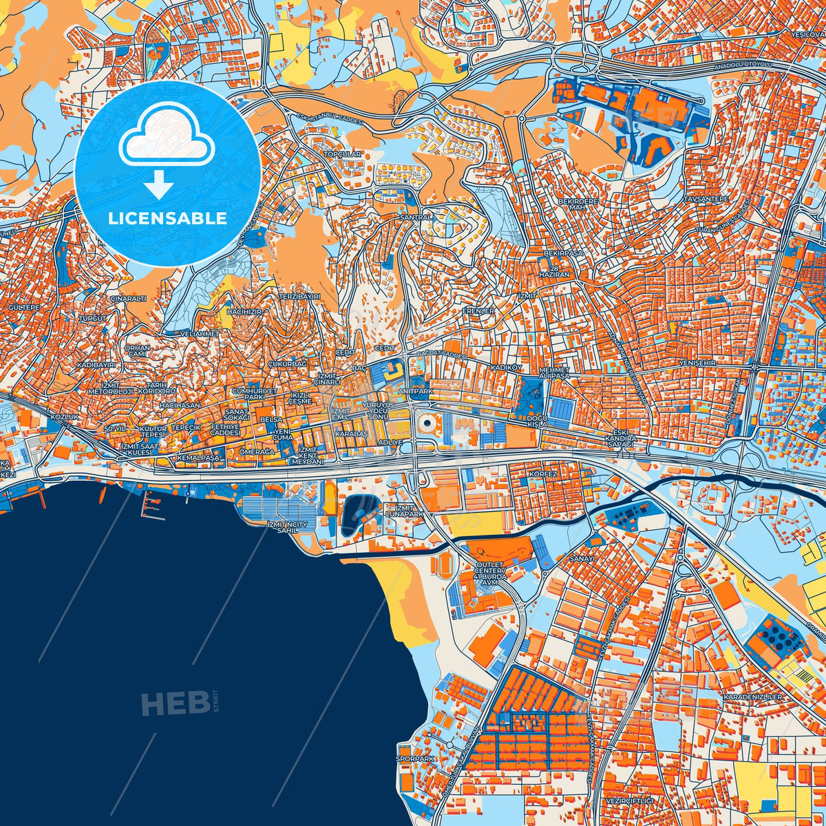 Colorful İzmit Street Map with Labels and Buildings