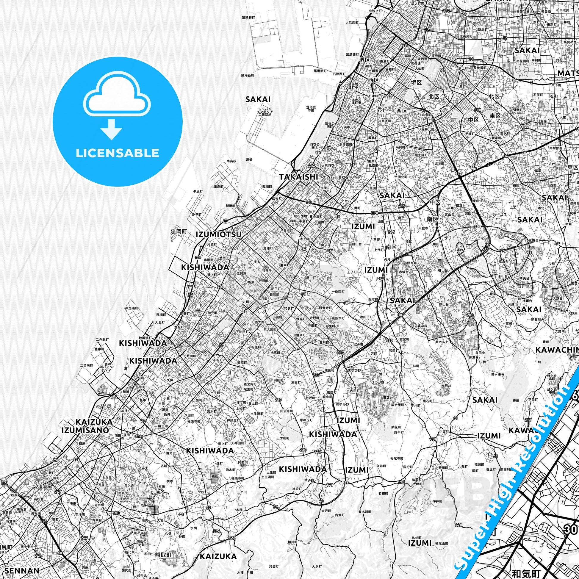 Izumi, Japan light map with streetnames, citynames and districts