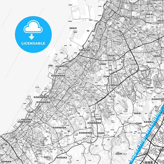 Izumi, Japan light map with streetnames, citynames and districts