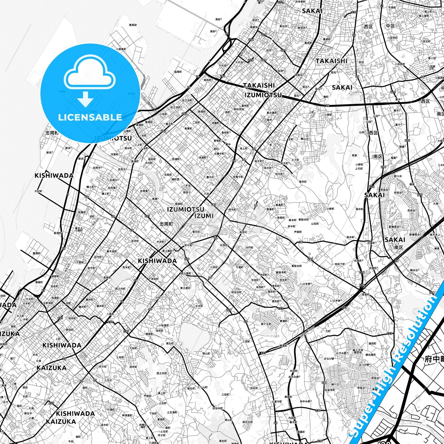 Izumi, Japan Light Map with Street Names, City Names, and Districts