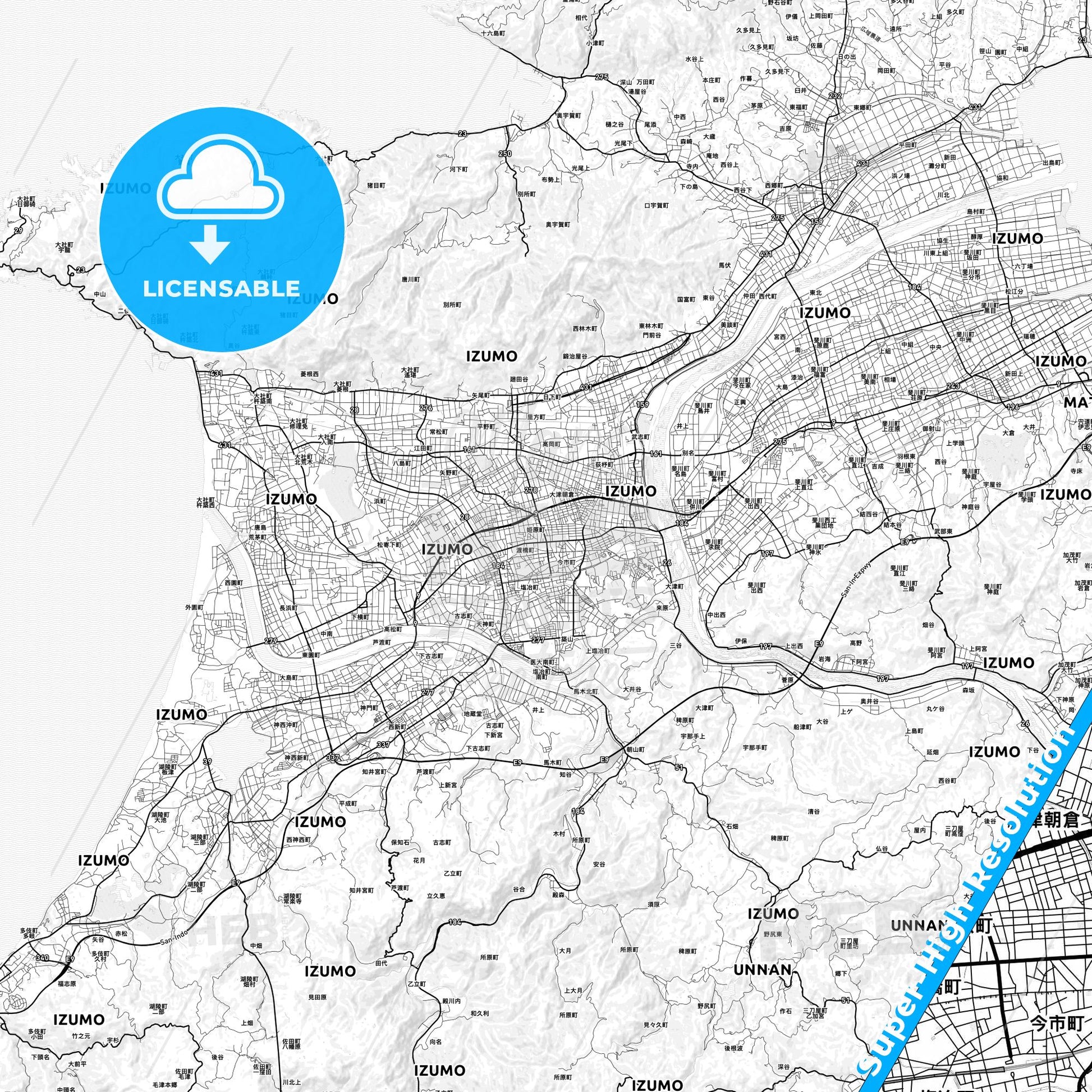 Izumo, Japan light map with streetnames, citynames and districts