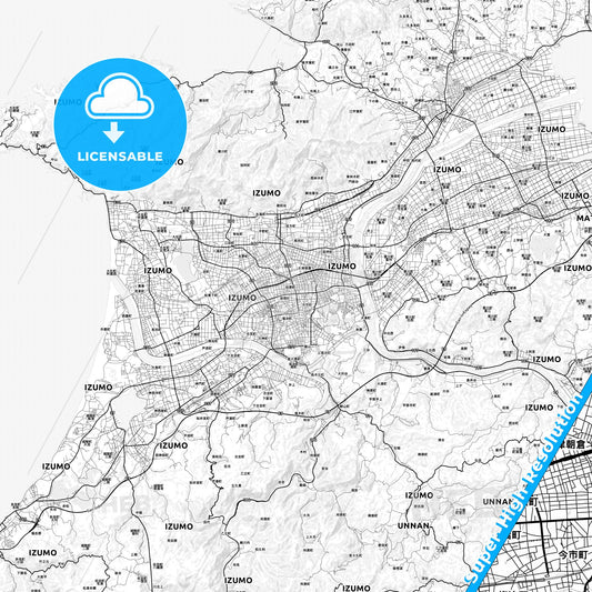 Izumo, Japan light map with streetnames, citynames and districts