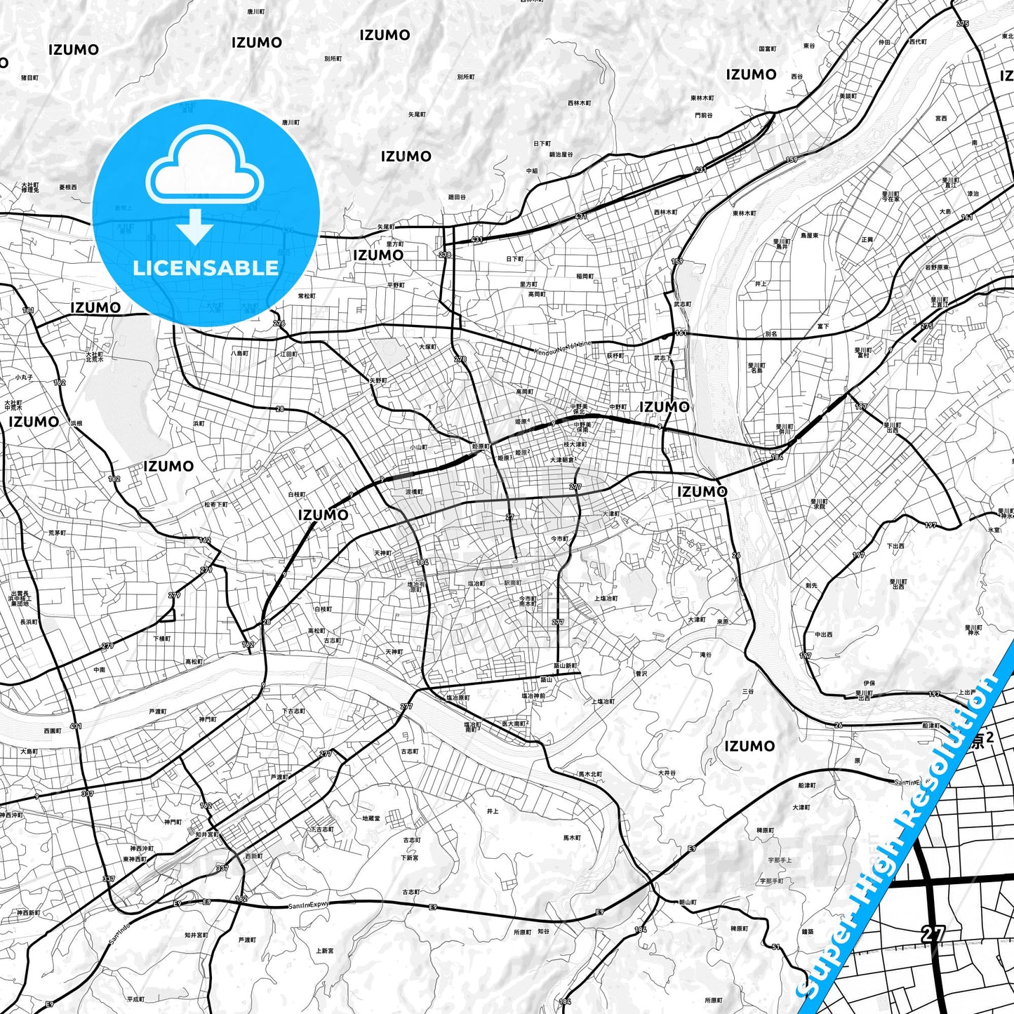 Izumo, Japan Light Map with Street Names, City Names, and Districts