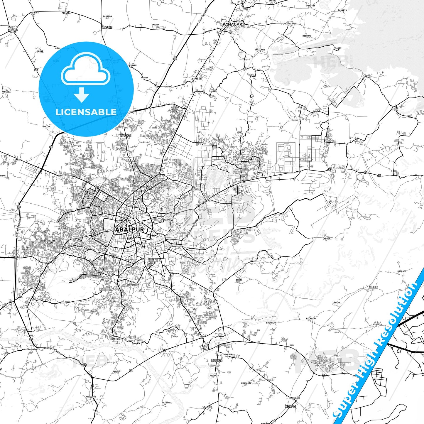 Jabalpur, India light map with streetnames, citynames and districts