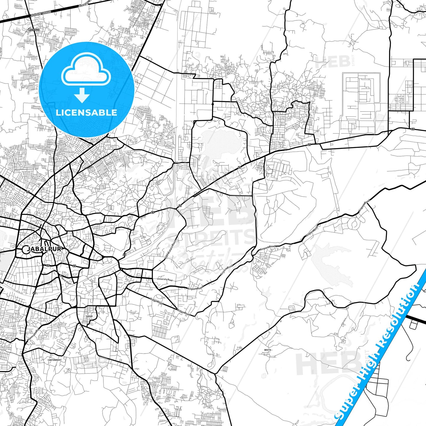 Jabalpur, India Light Map with Street Names, City Names, and Districts