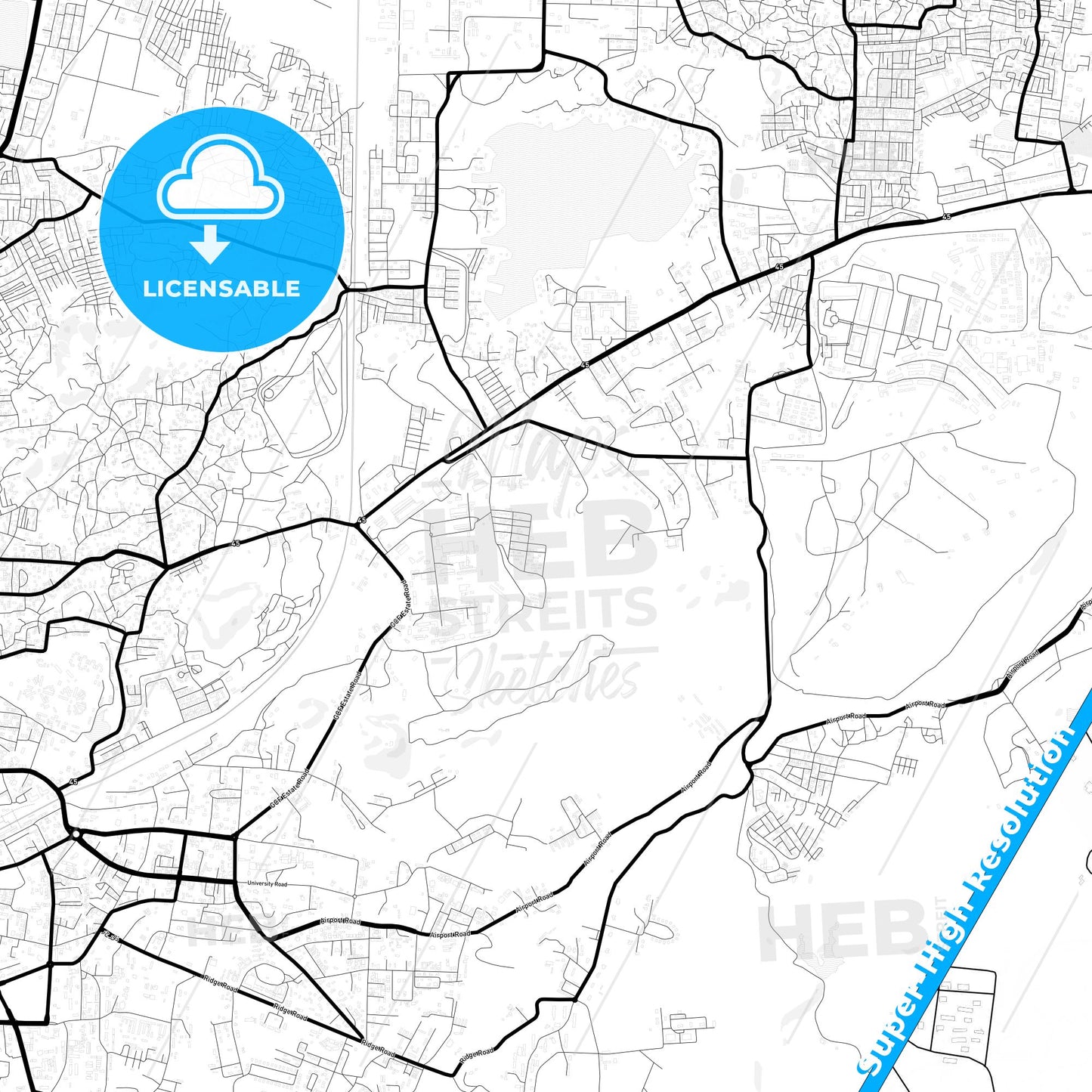 Jabalpur, India Light Map with Street Names, City Names, and Districts