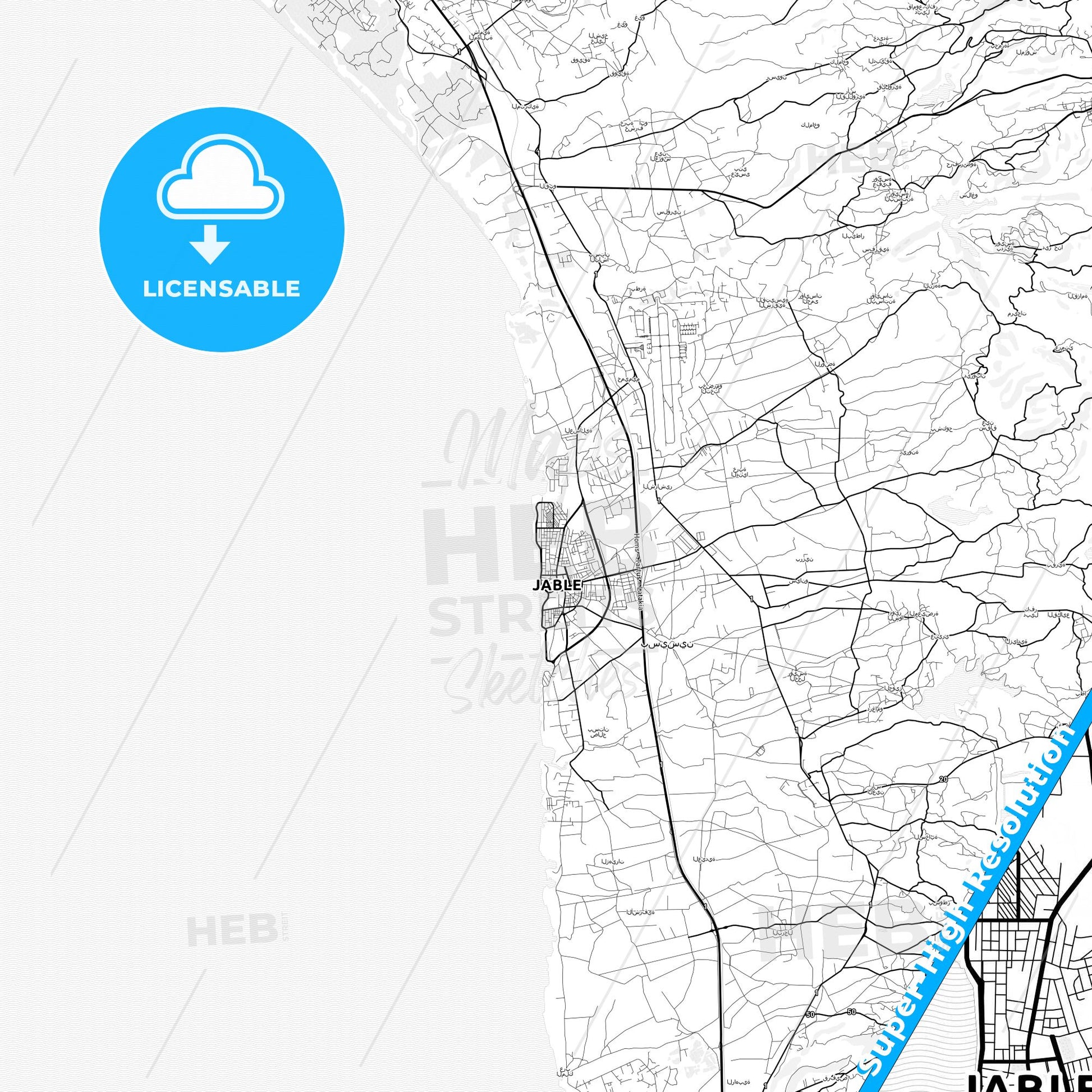 Jableh, Syria light map with streetnames, citynames and districts