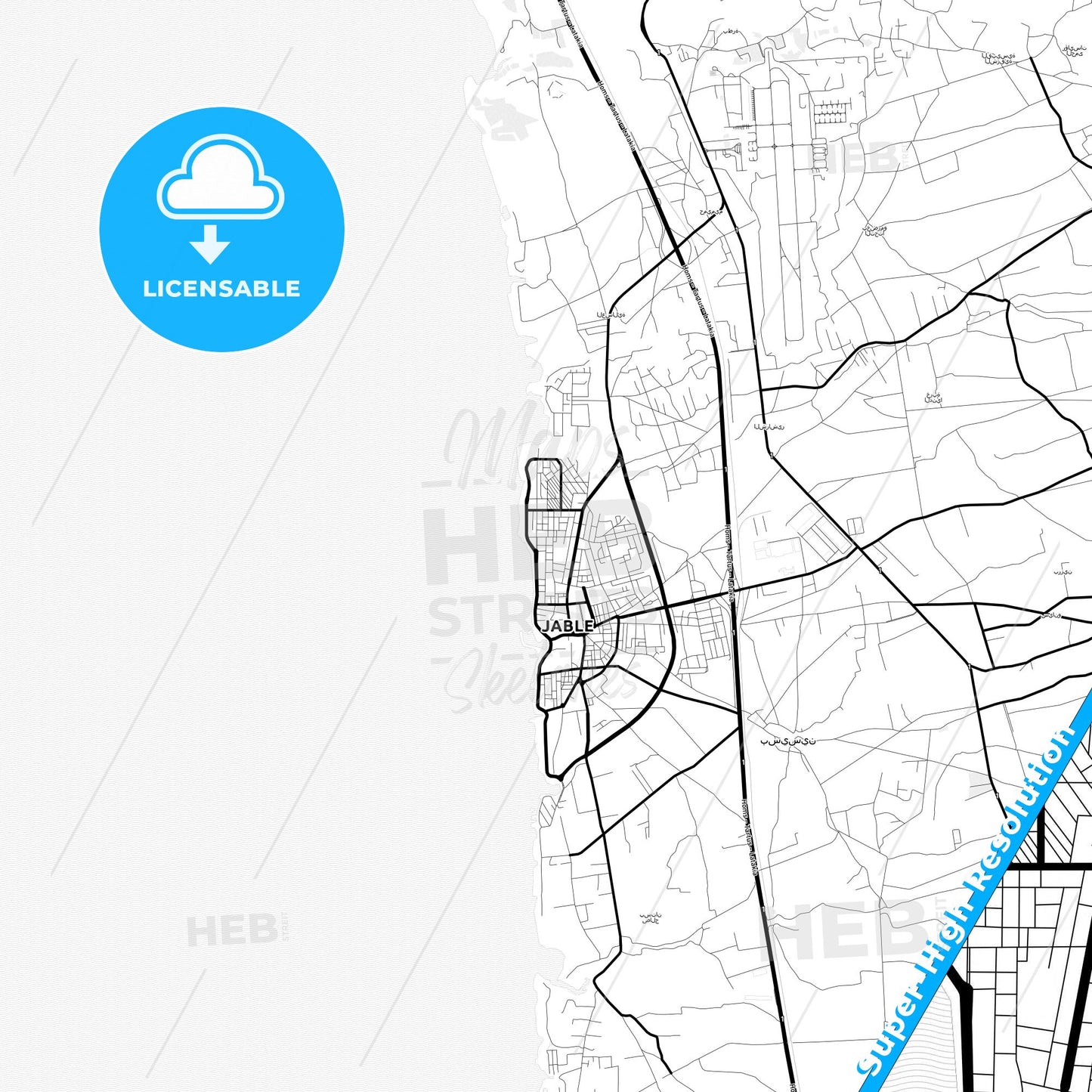 Jableh, Syria Light Map with Street Names, City Names, and Districts