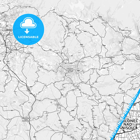 Jablonec nad Nisou, Czechia light map with streetnames, citynames and districts