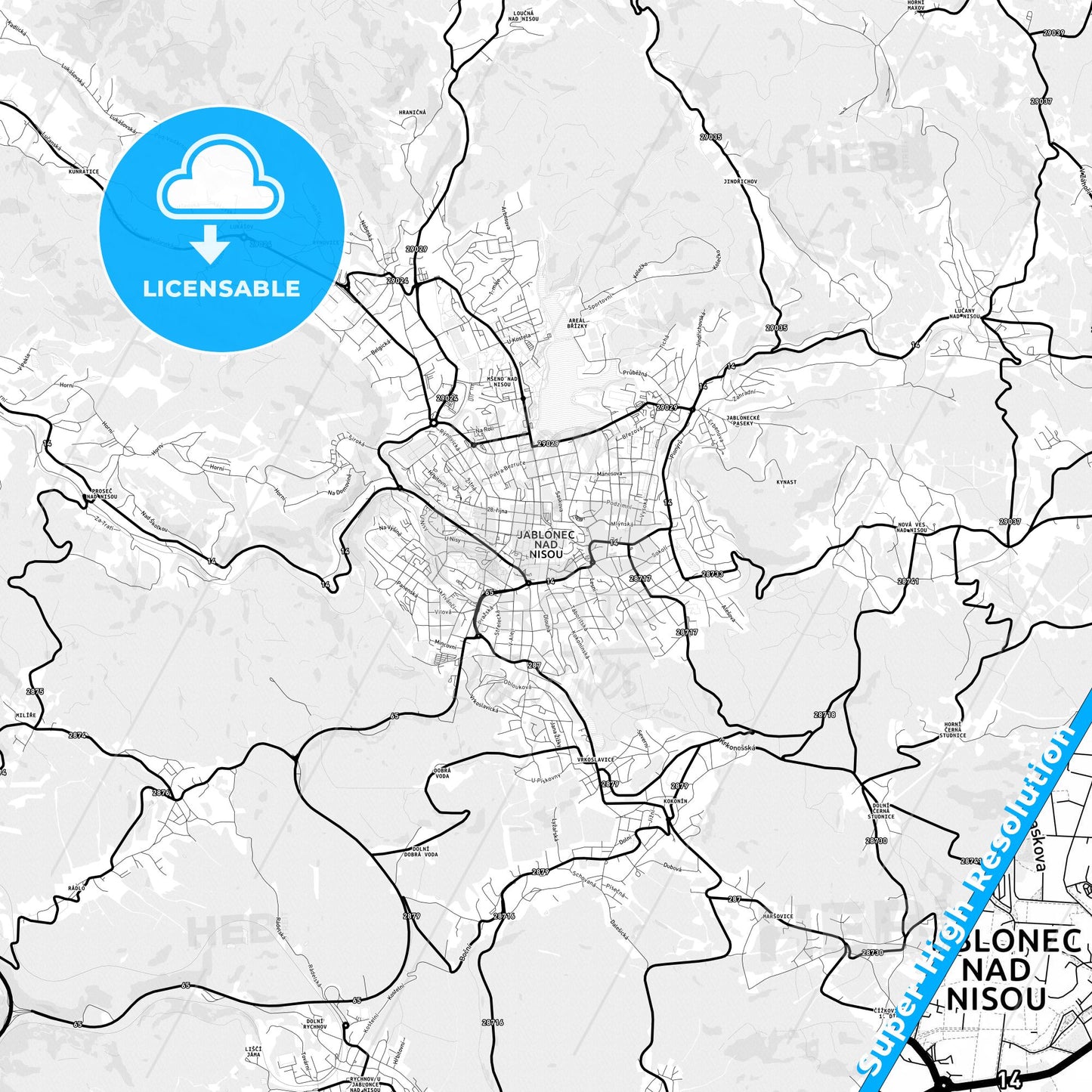 Jablonec nad Nisou, Czechia Light Map with Street Names, City Names, and Districts