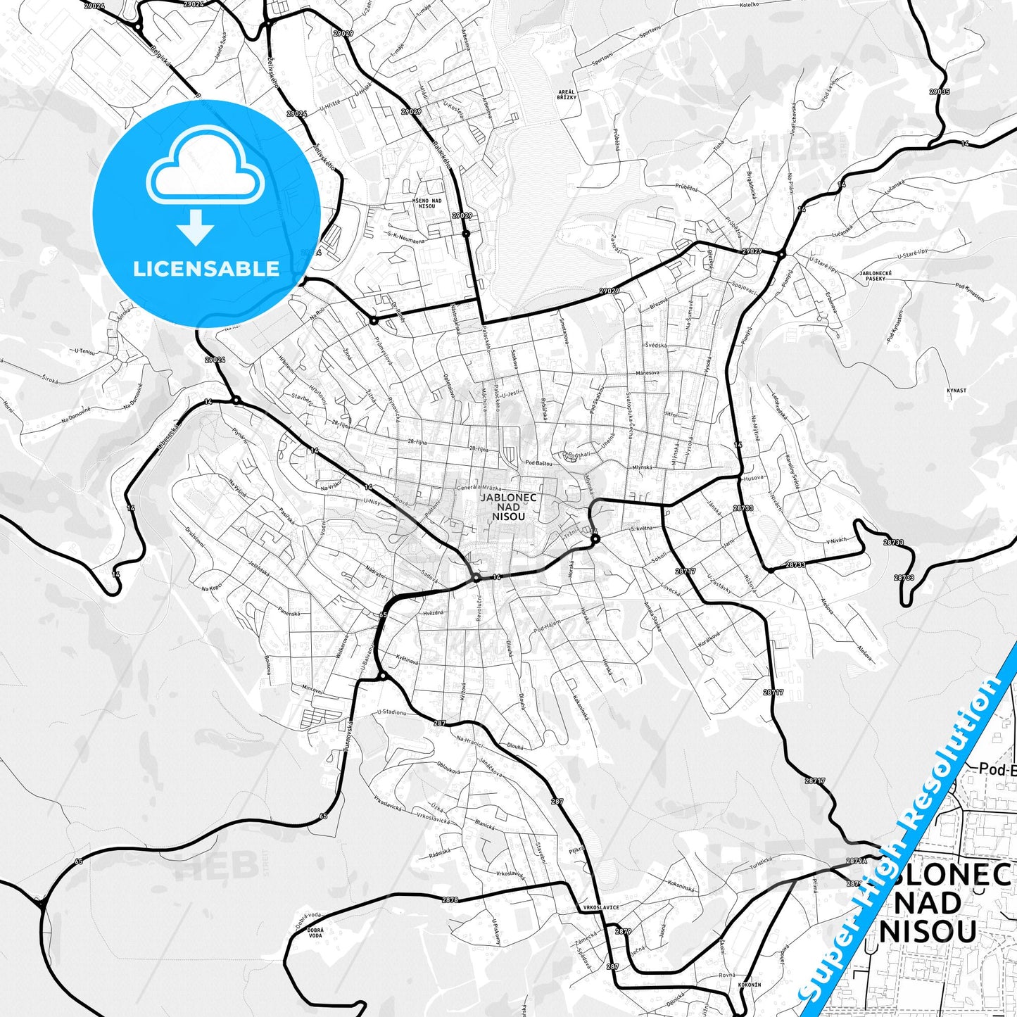 Jablonec nad Nisou, Czechia Light Map with Street Names, City Names, and Districts