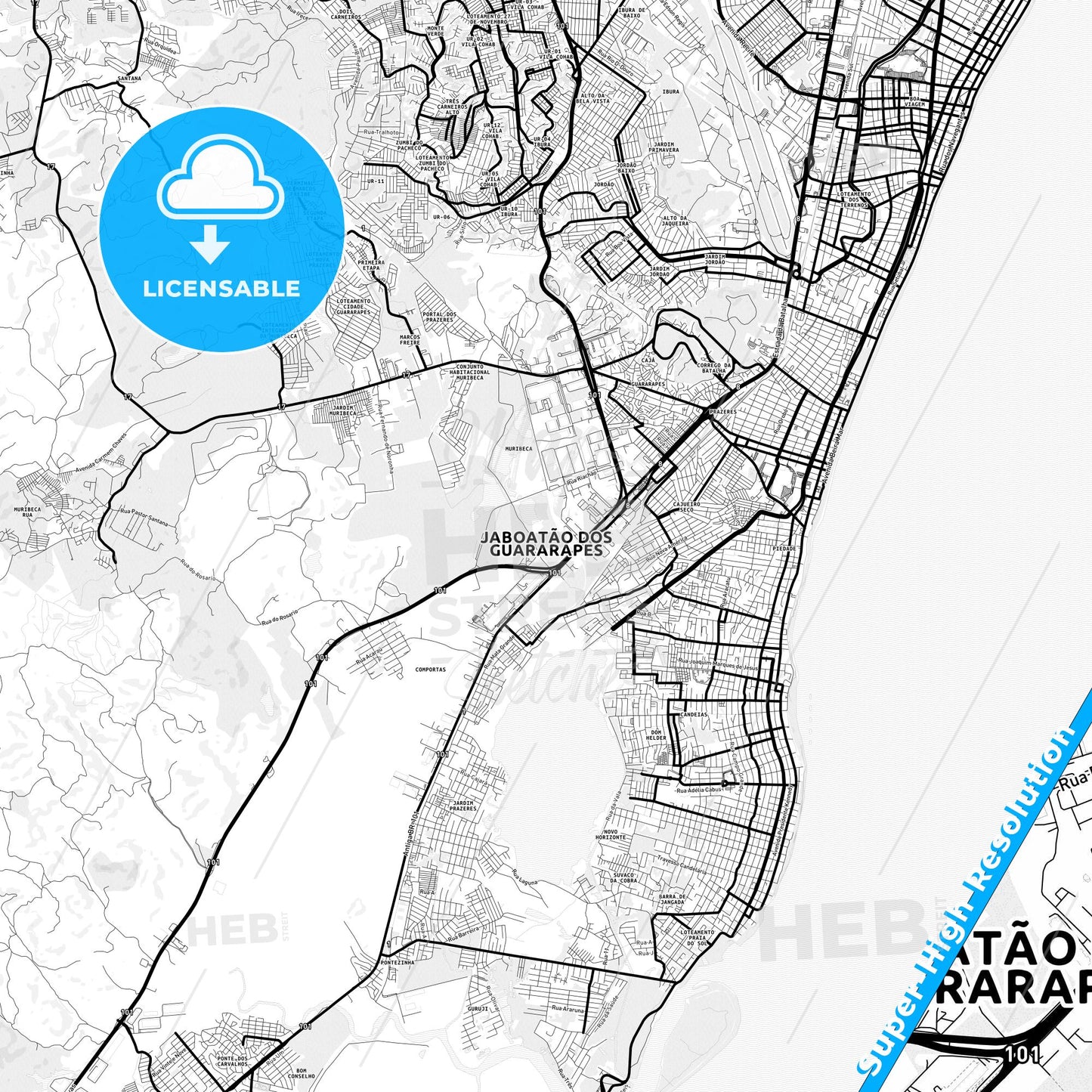 Jaboatao, Brazil Light Map with Street Names, City Names, and Districts