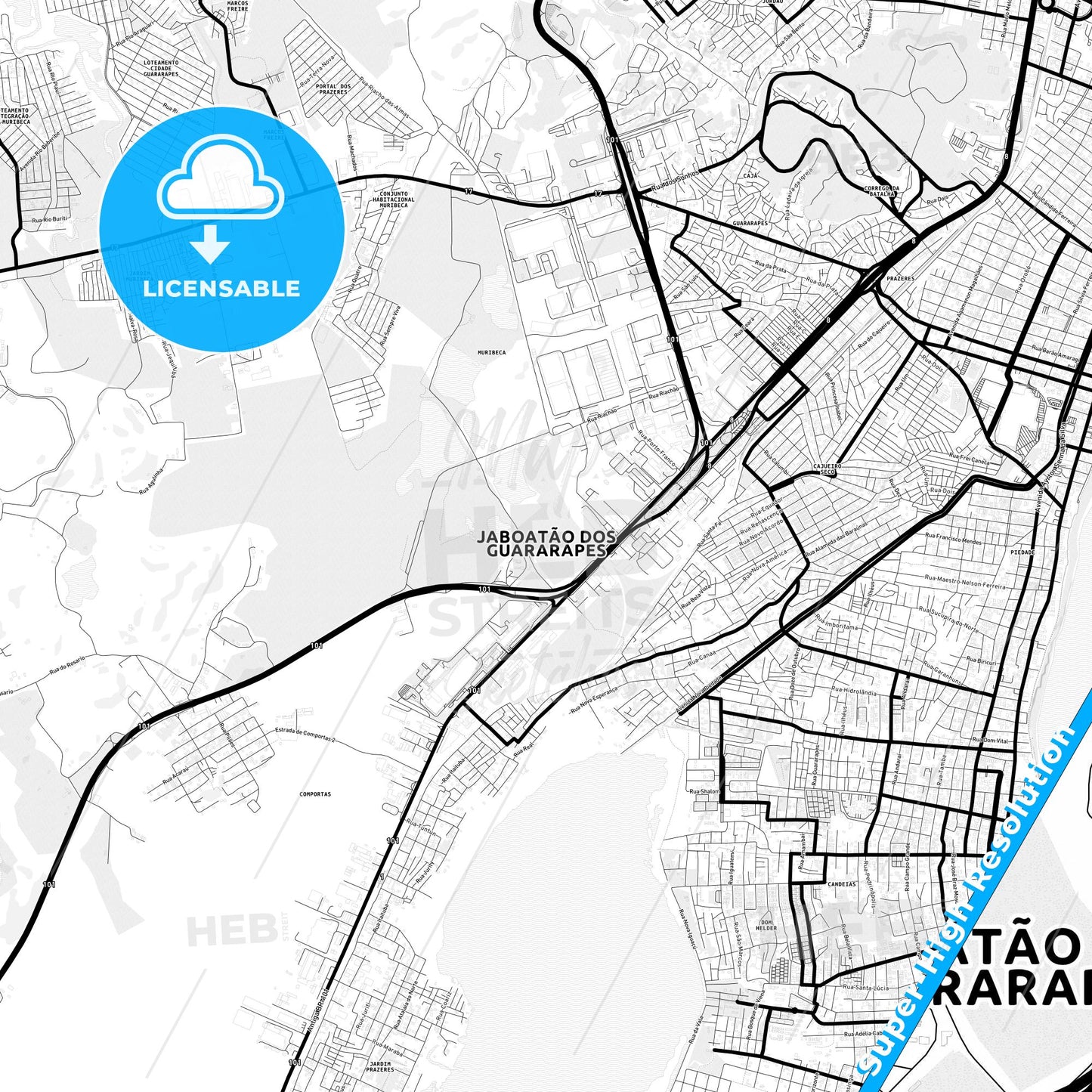 Jaboatao, Brazil Light Map with Street Names, City Names, and Districts